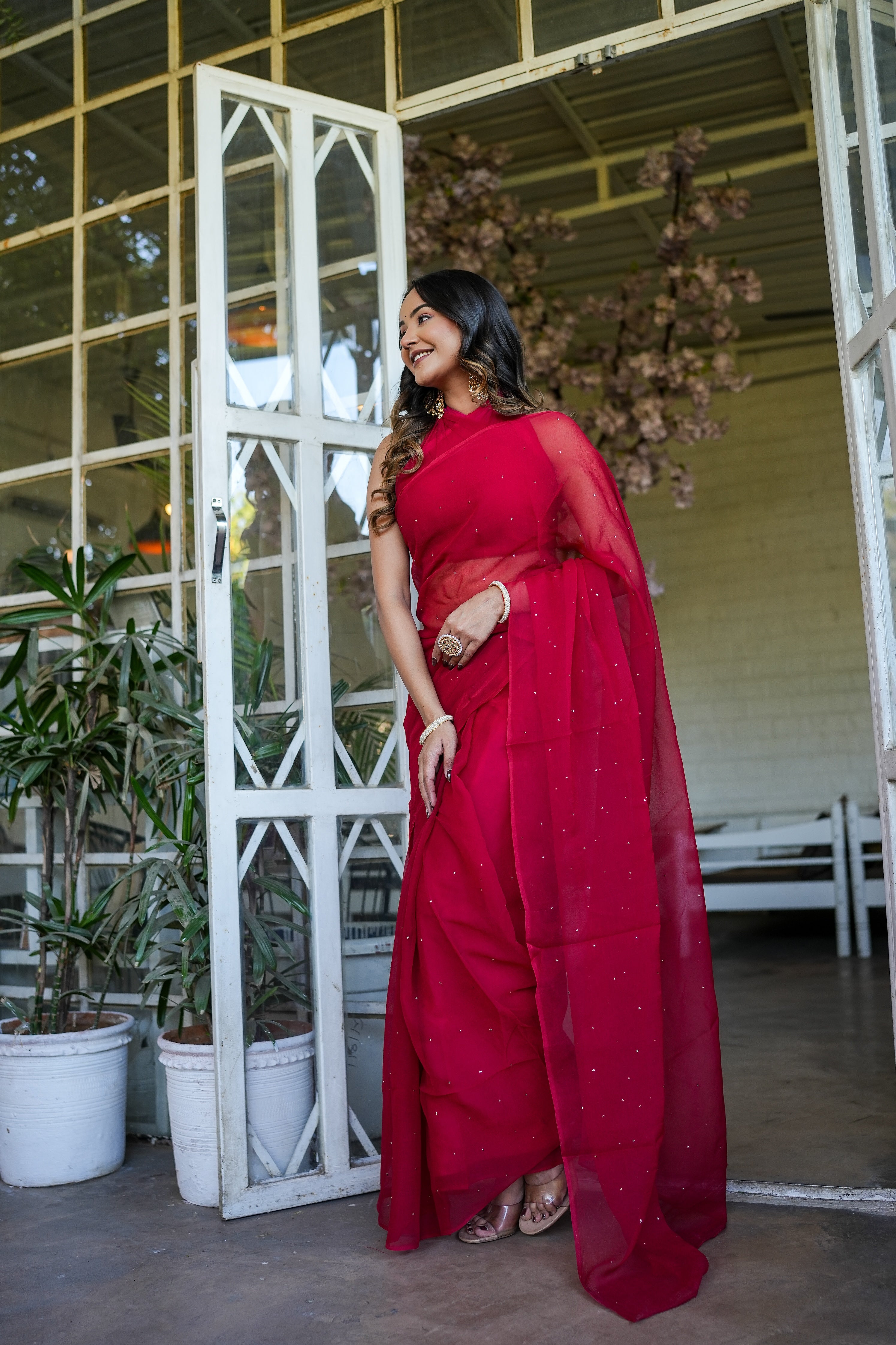 Shimmering Royale (Red Mukaish Chiffon Saree)