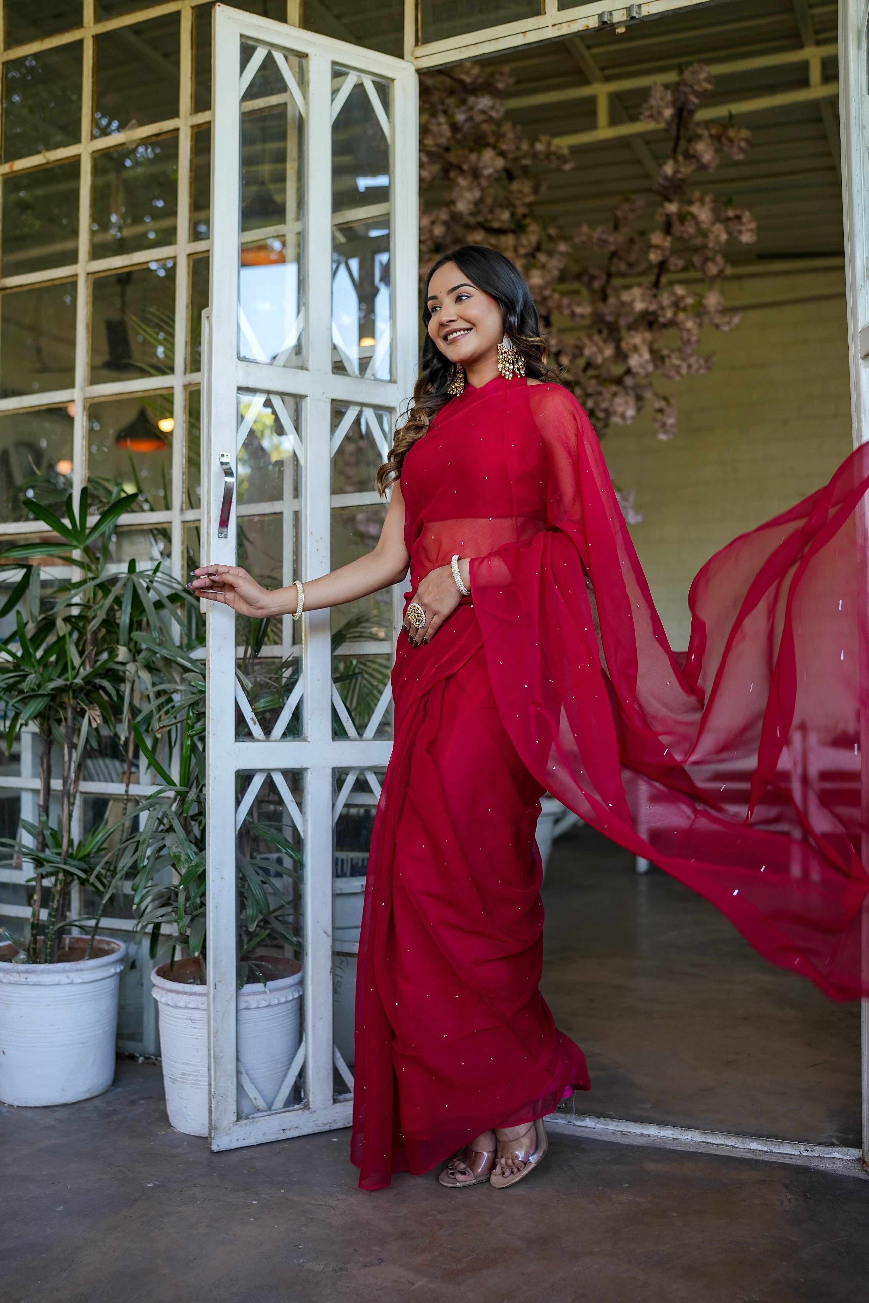 Shimmering Royale (Red Mukaish Chiffon Saree)