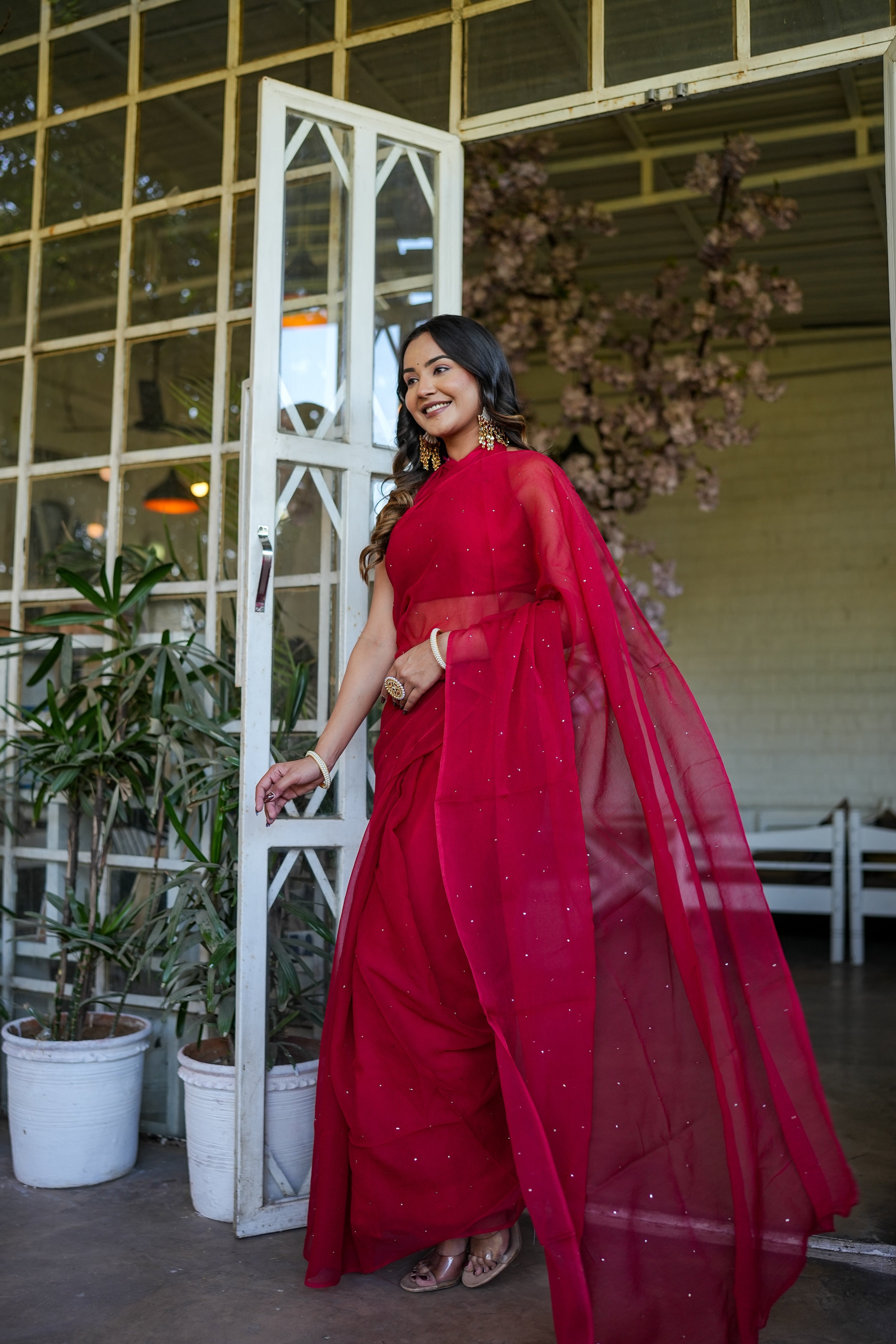 Shimmering Royale (Red Mukaish Chiffon Saree)