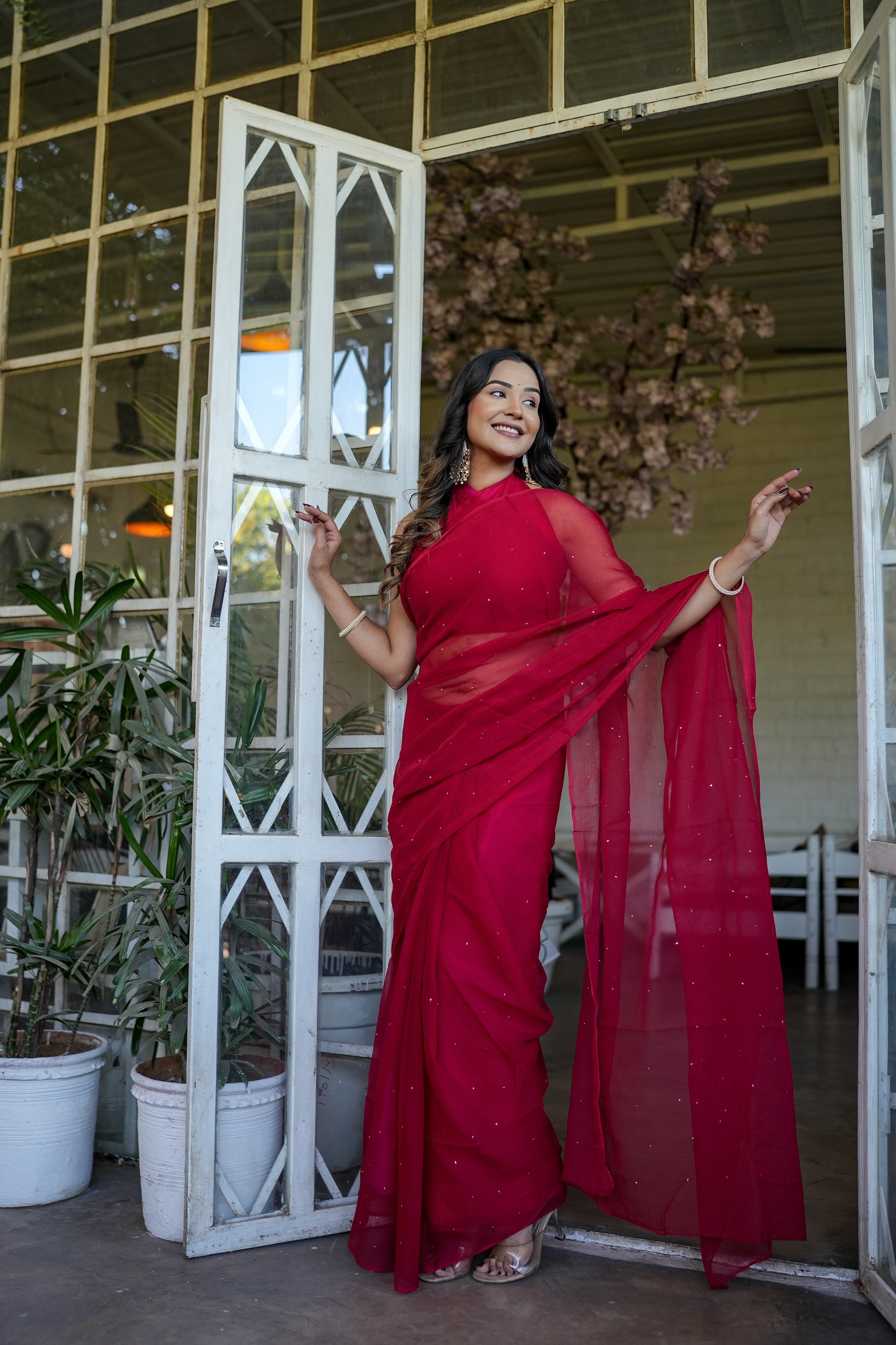 Shimmering Royale (Red Mukaish Chiffon Saree)