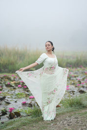 Mint Rosé (Pure Chiffon Hand Painted Saree)