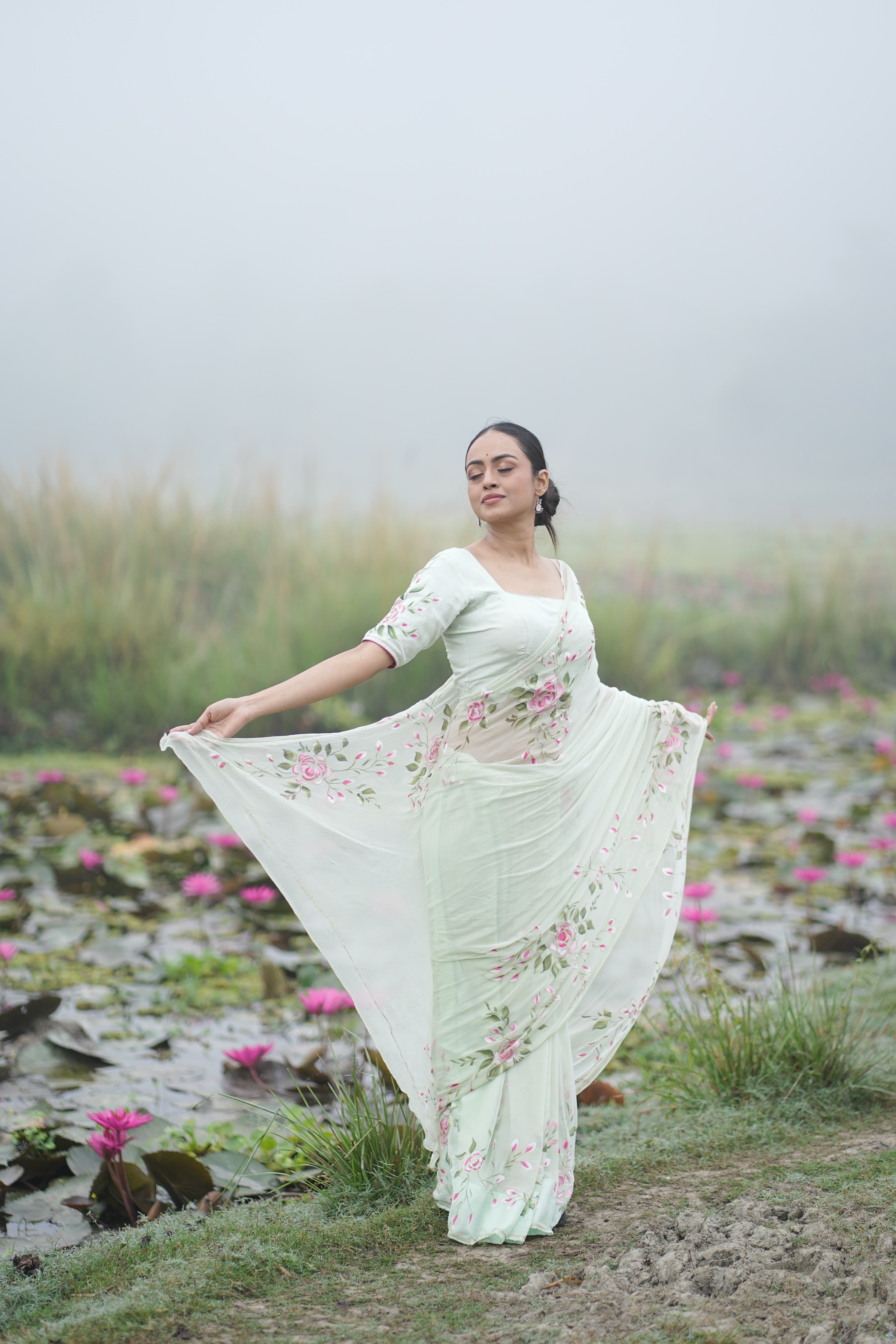 Mint Rosé (Pure Chiffon Hand Painted Saree)