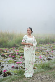 Mint Rosé (Pure Chiffon Hand Painted Saree)