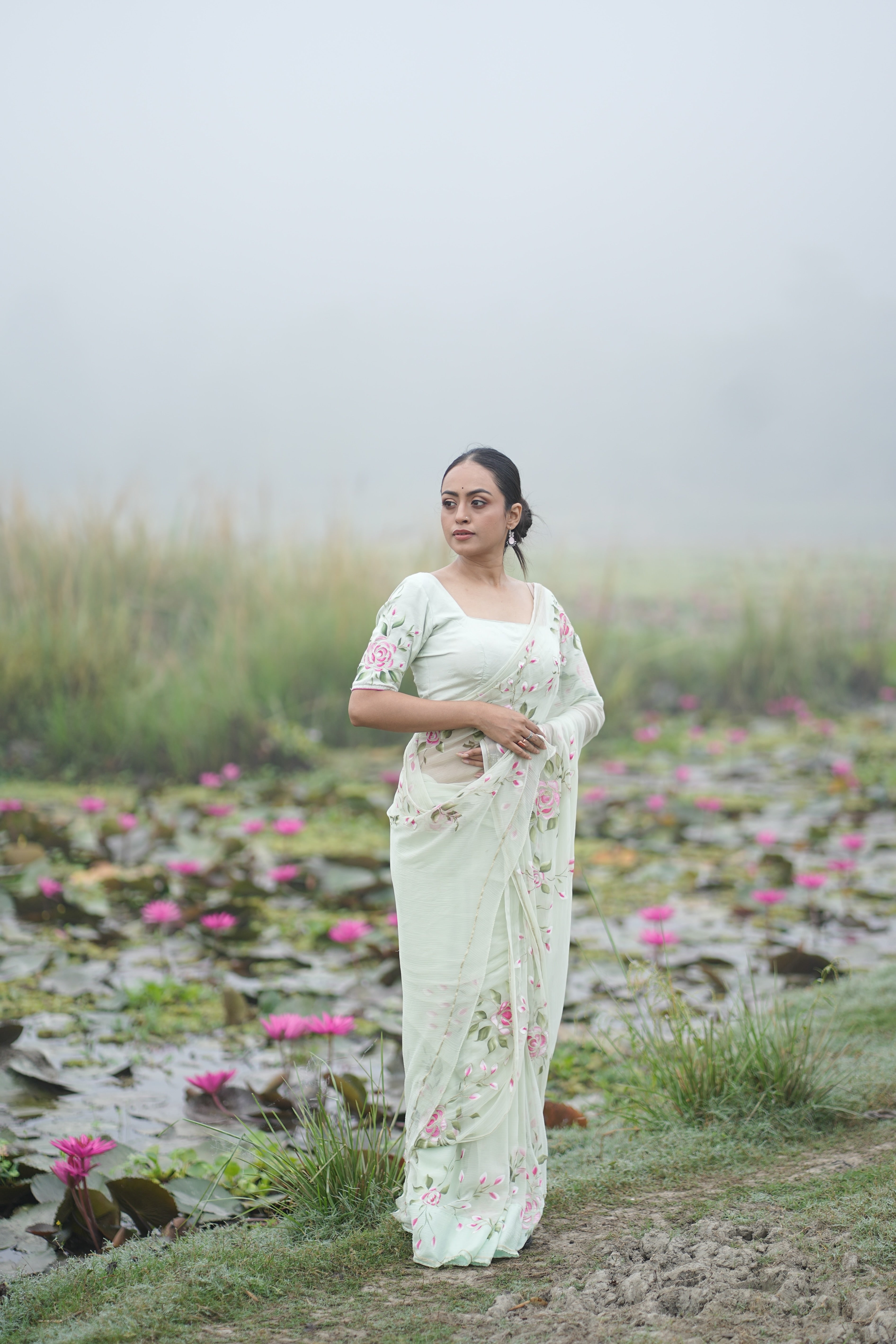 Mint Rosé (Pure Chiffon Hand Painted Saree)