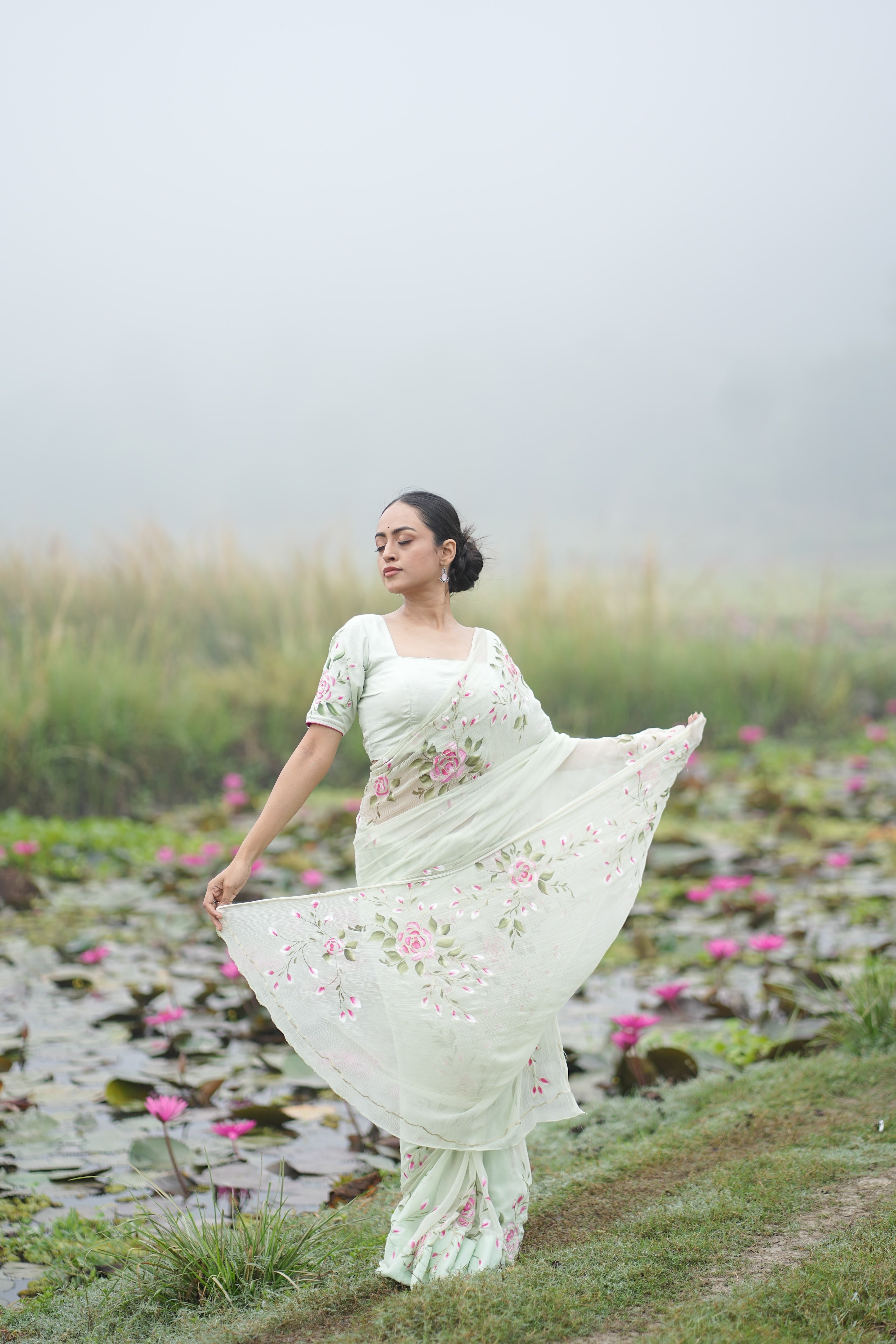 Mint Rosé (Pure Chiffon Hand Painted Saree)