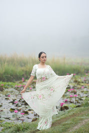 Mint Rosé (Pure Chiffon Hand Painted Saree)