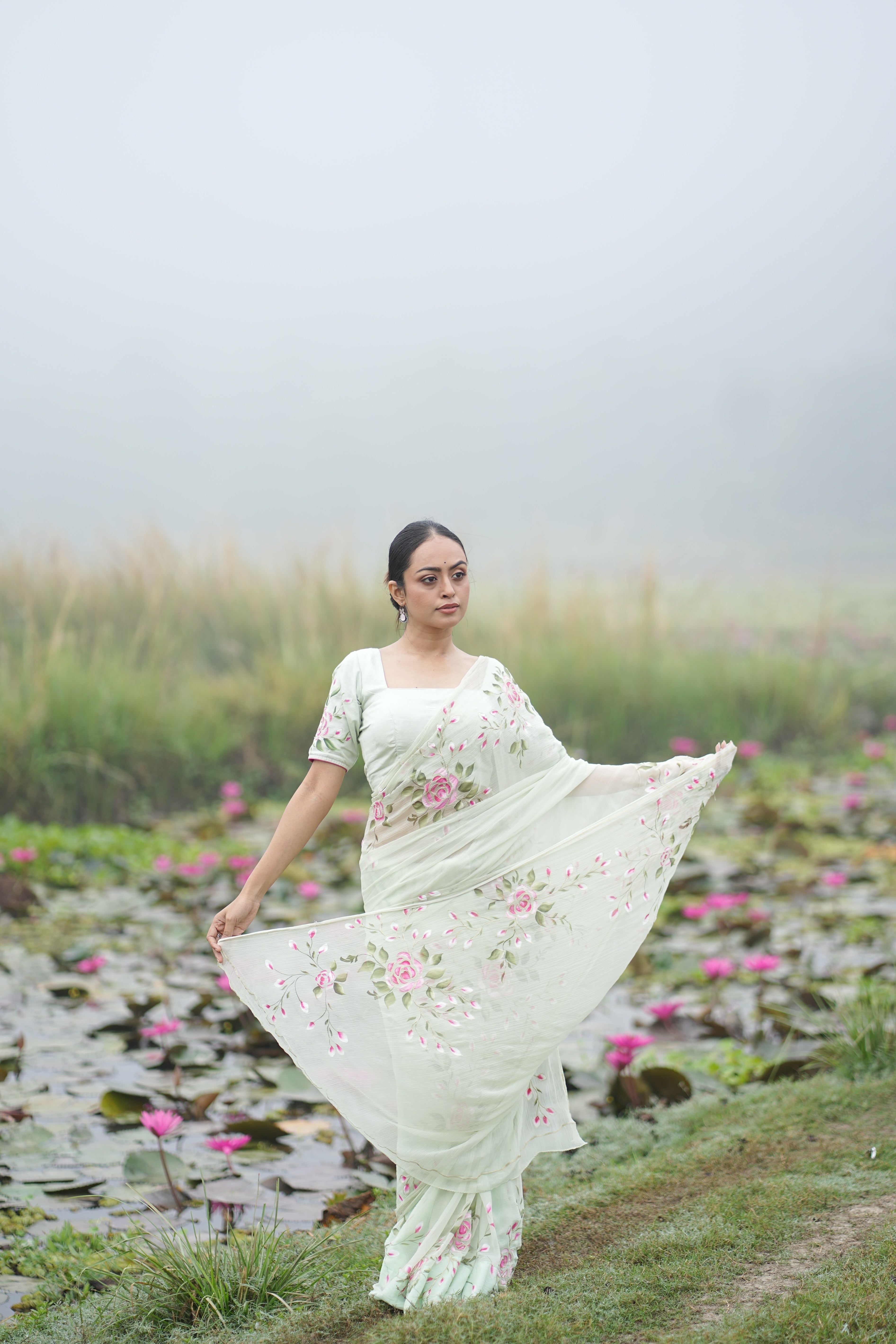 Mint Rosé (Pure Chiffon Hand Painted Saree)