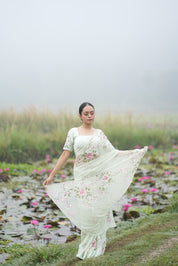 Mint Rosé (Pure Chiffon Hand Painted Saree)