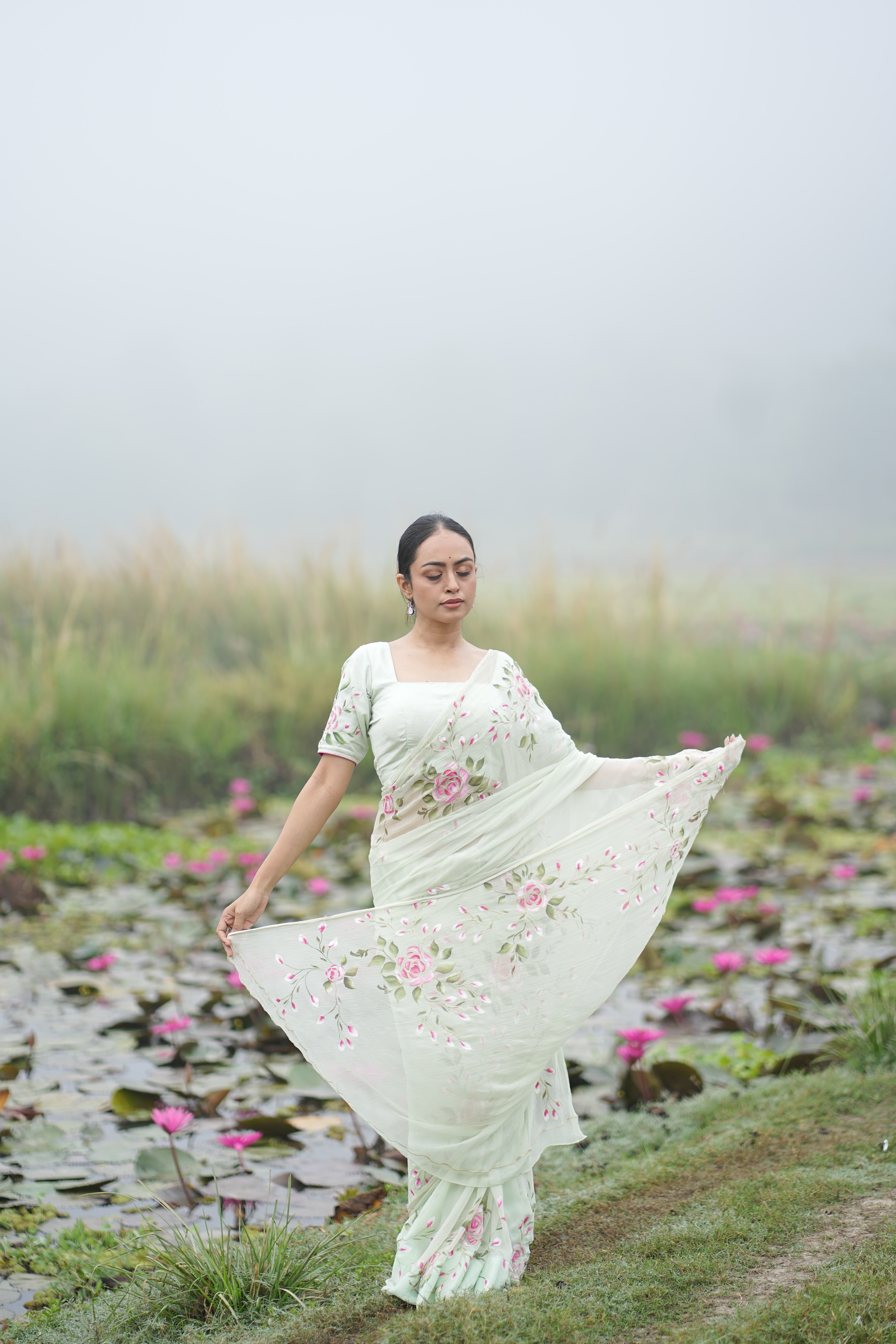 Mint Rosé (Pure Chiffon Hand Painted Saree)