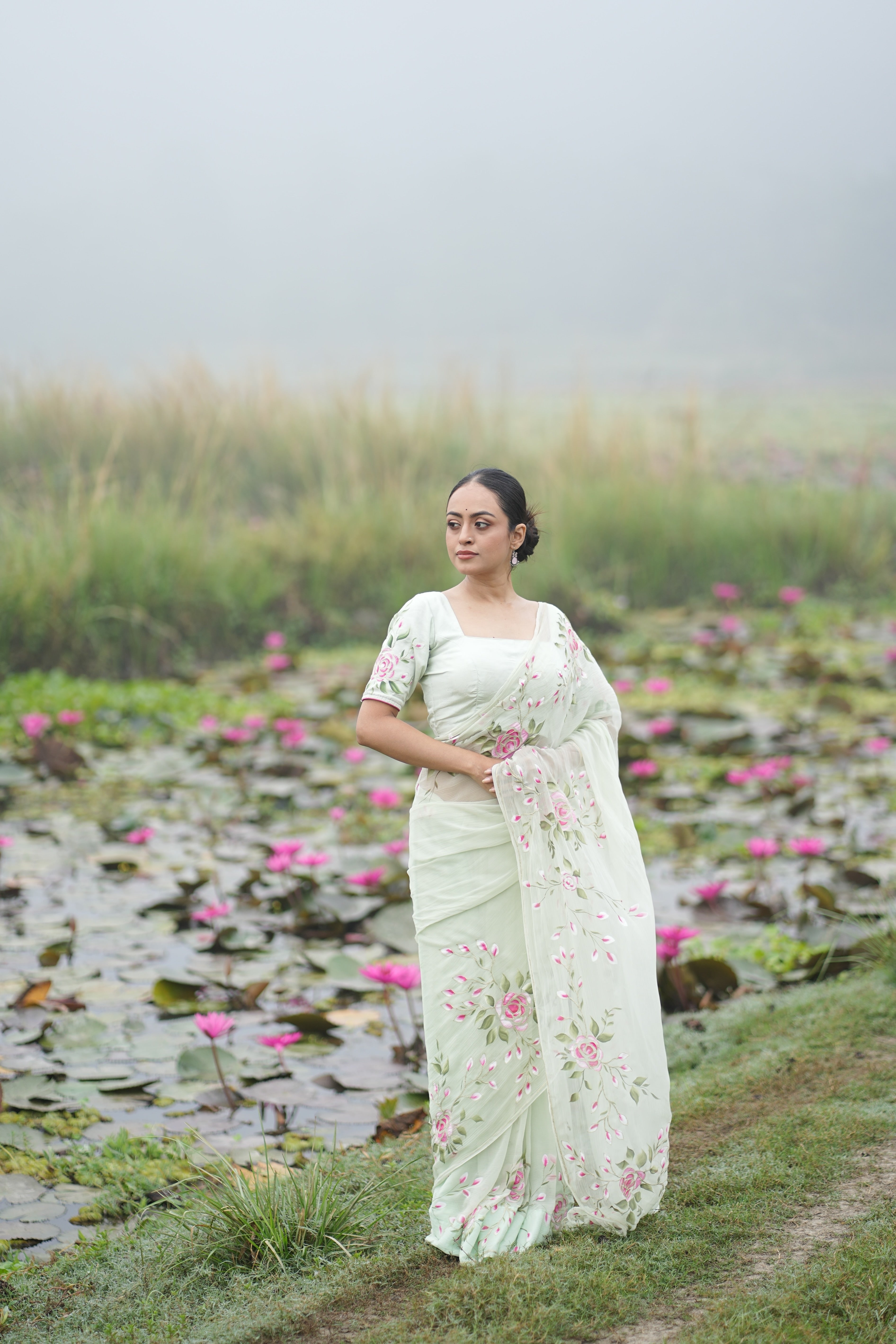 Mint Rosé (Pure Chiffon Hand Painted Saree)