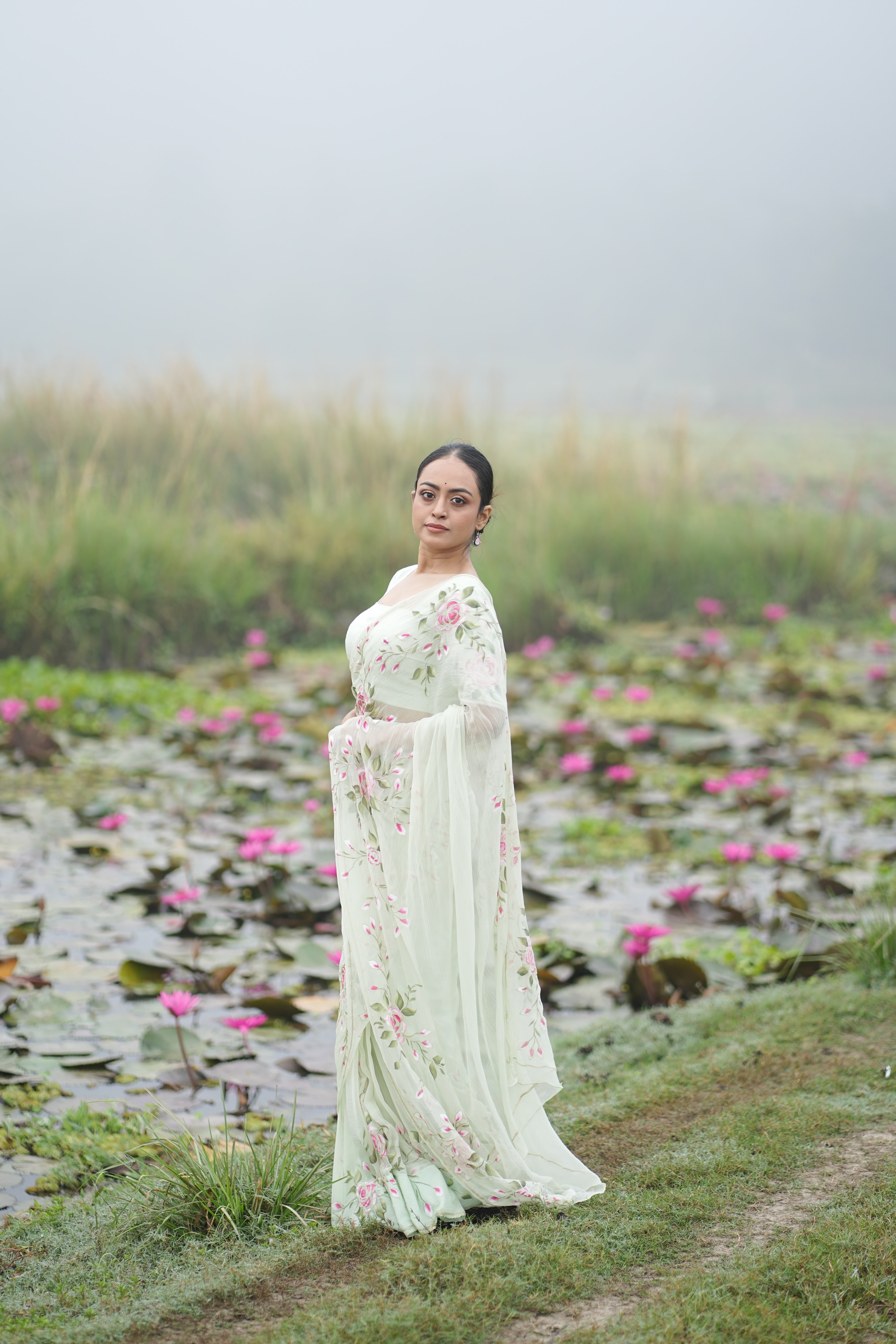 Mint Rosé (Pure Chiffon Hand Painted Saree)