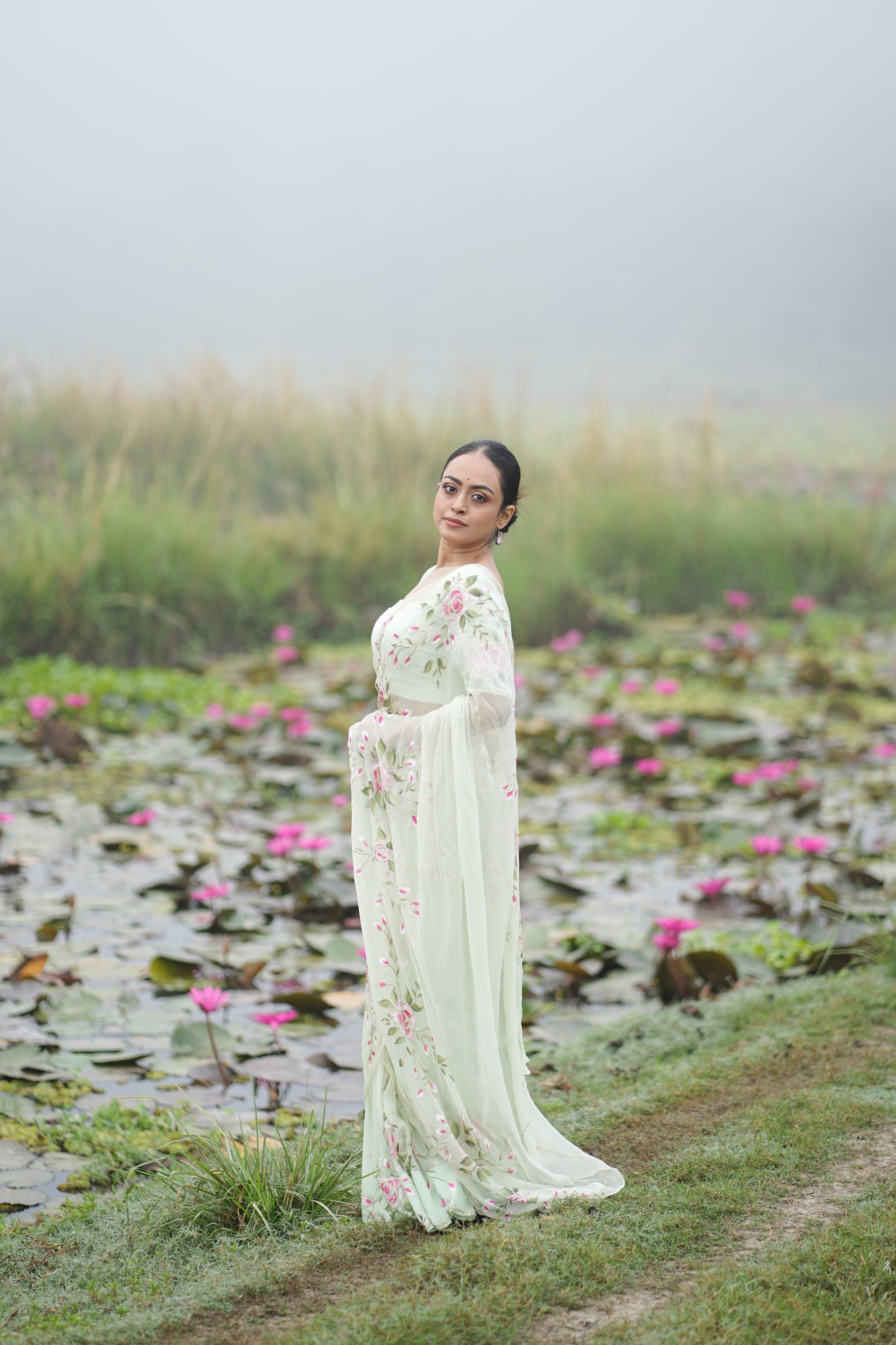 Mint Rosé (Pure Chiffon Hand Painted Saree)