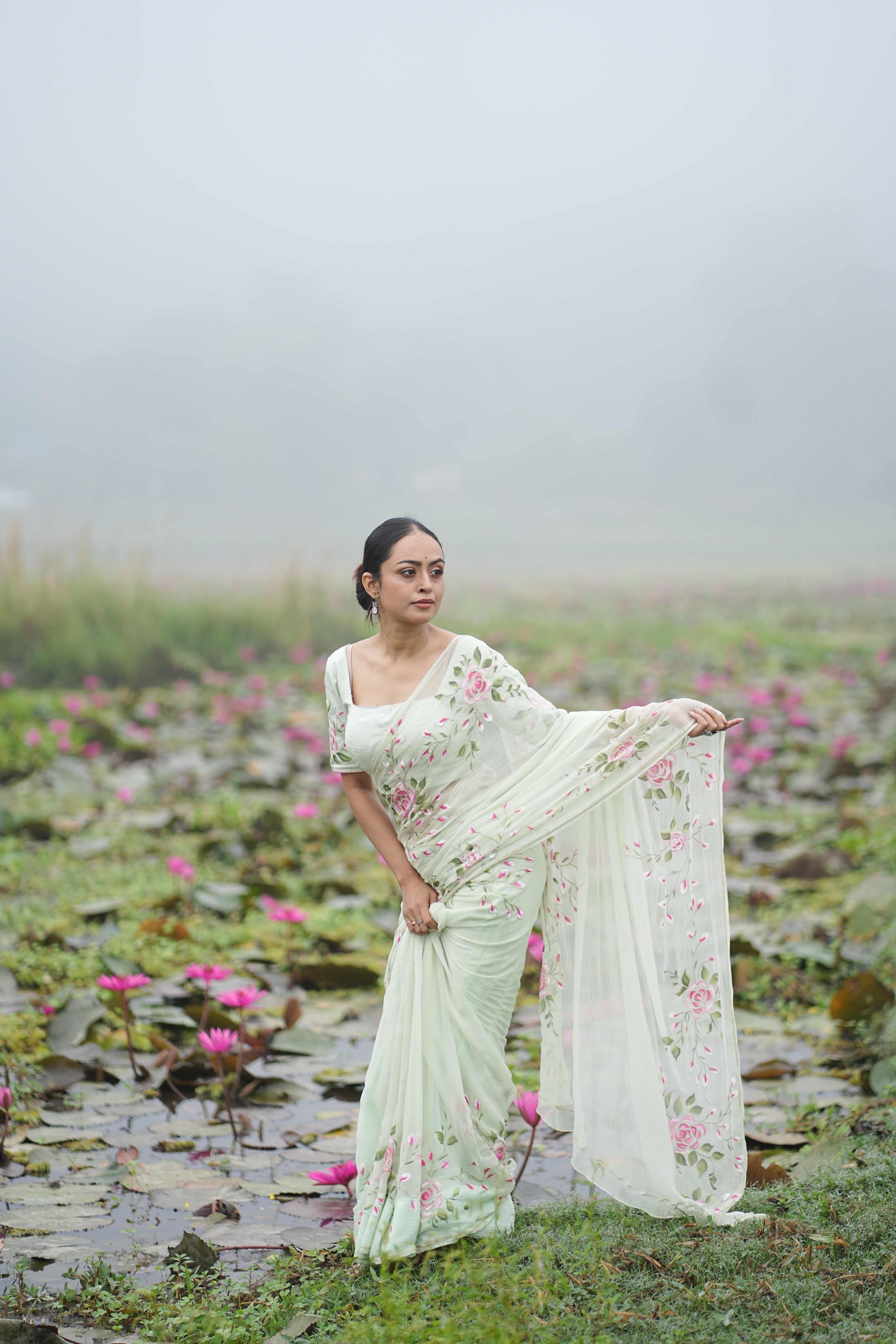 Mint Rosé (Pure Chiffon Hand Painted Saree)