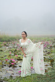 Mint Rosé (Pure Chiffon Hand Painted Saree)