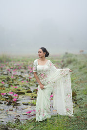 Mint Rosé (Pure Chiffon Hand Painted Saree)