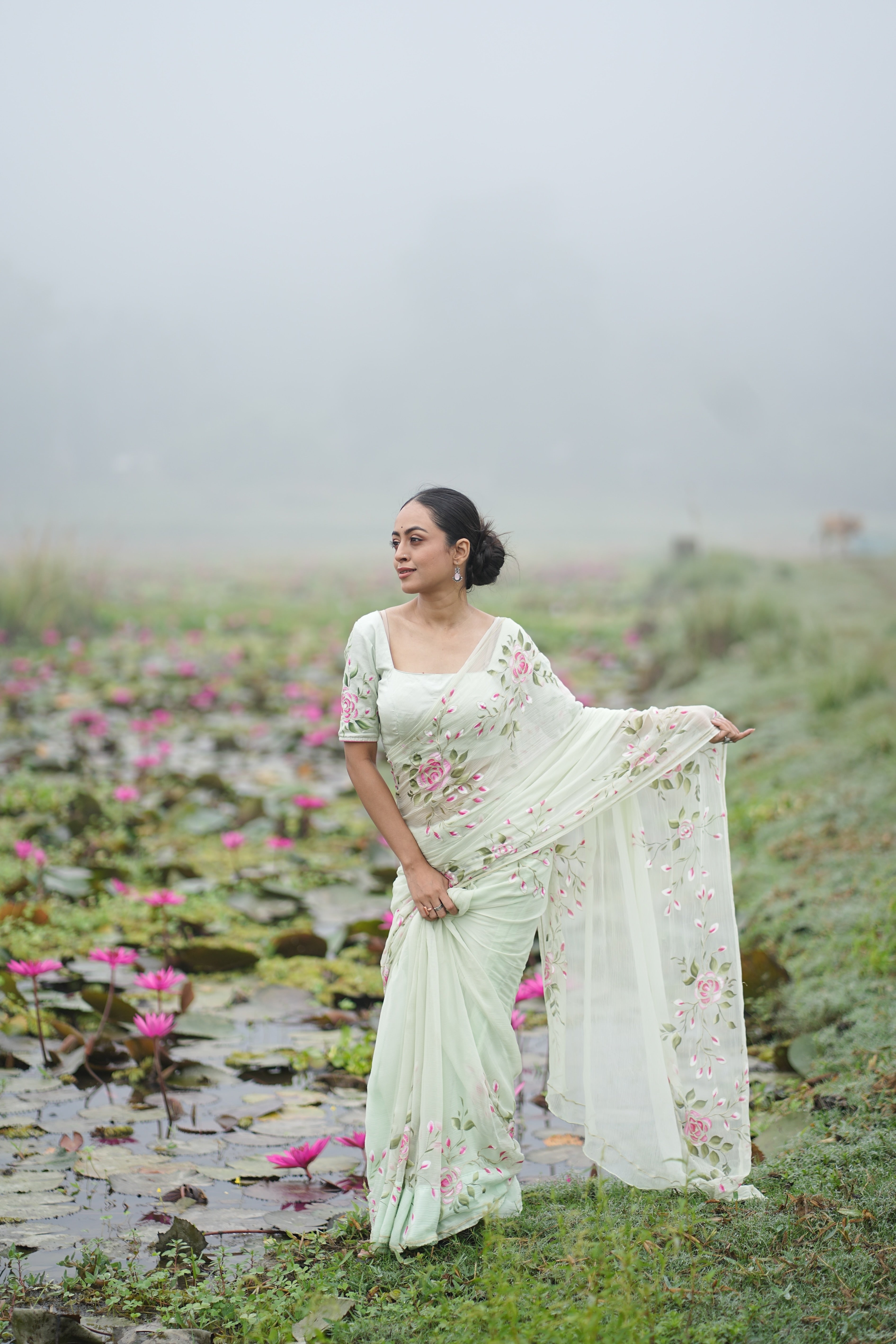 Mint Rosé (Pure Chiffon Hand Painted Saree)