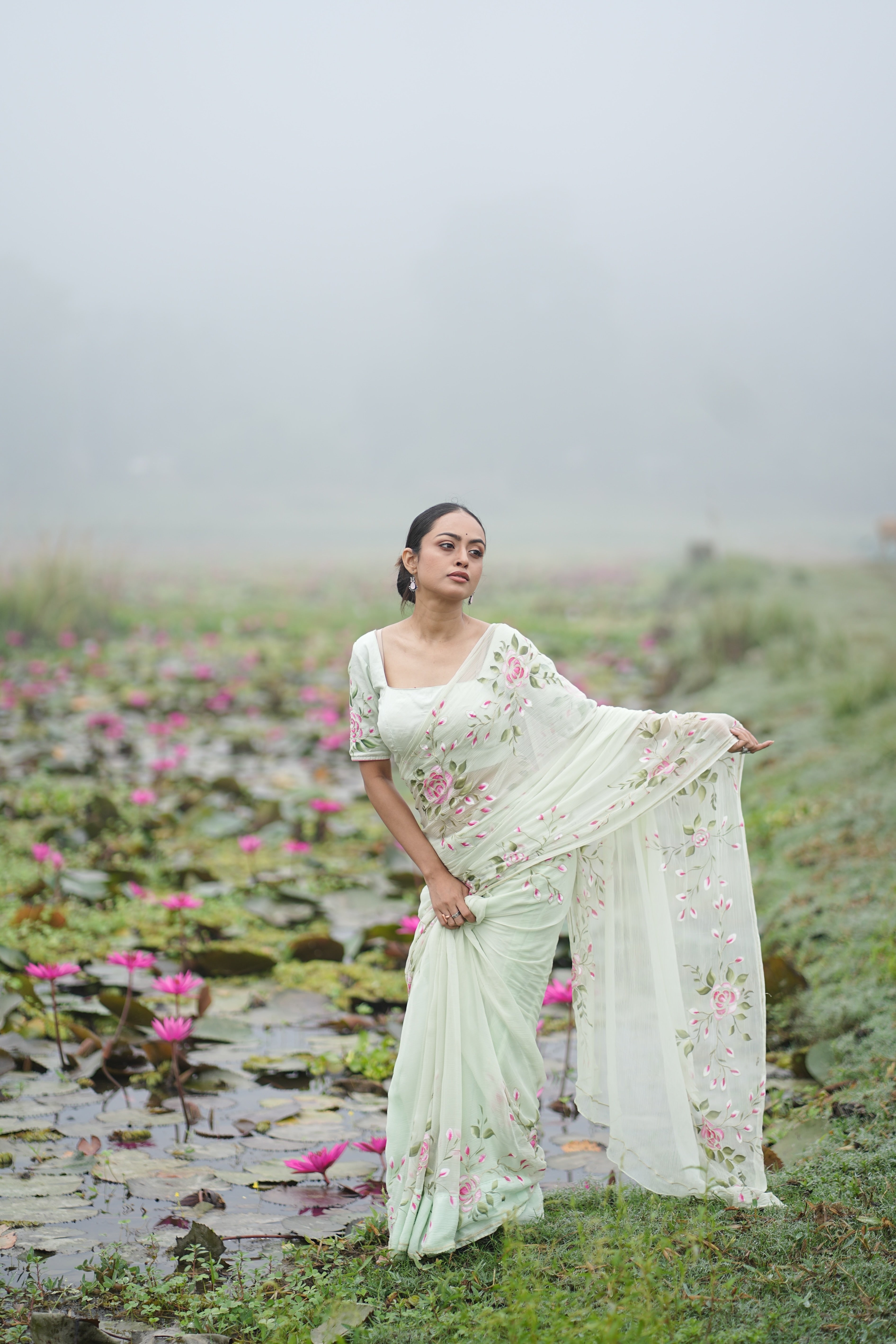 Mint Rosé (Pure Chiffon Hand Painted Saree)