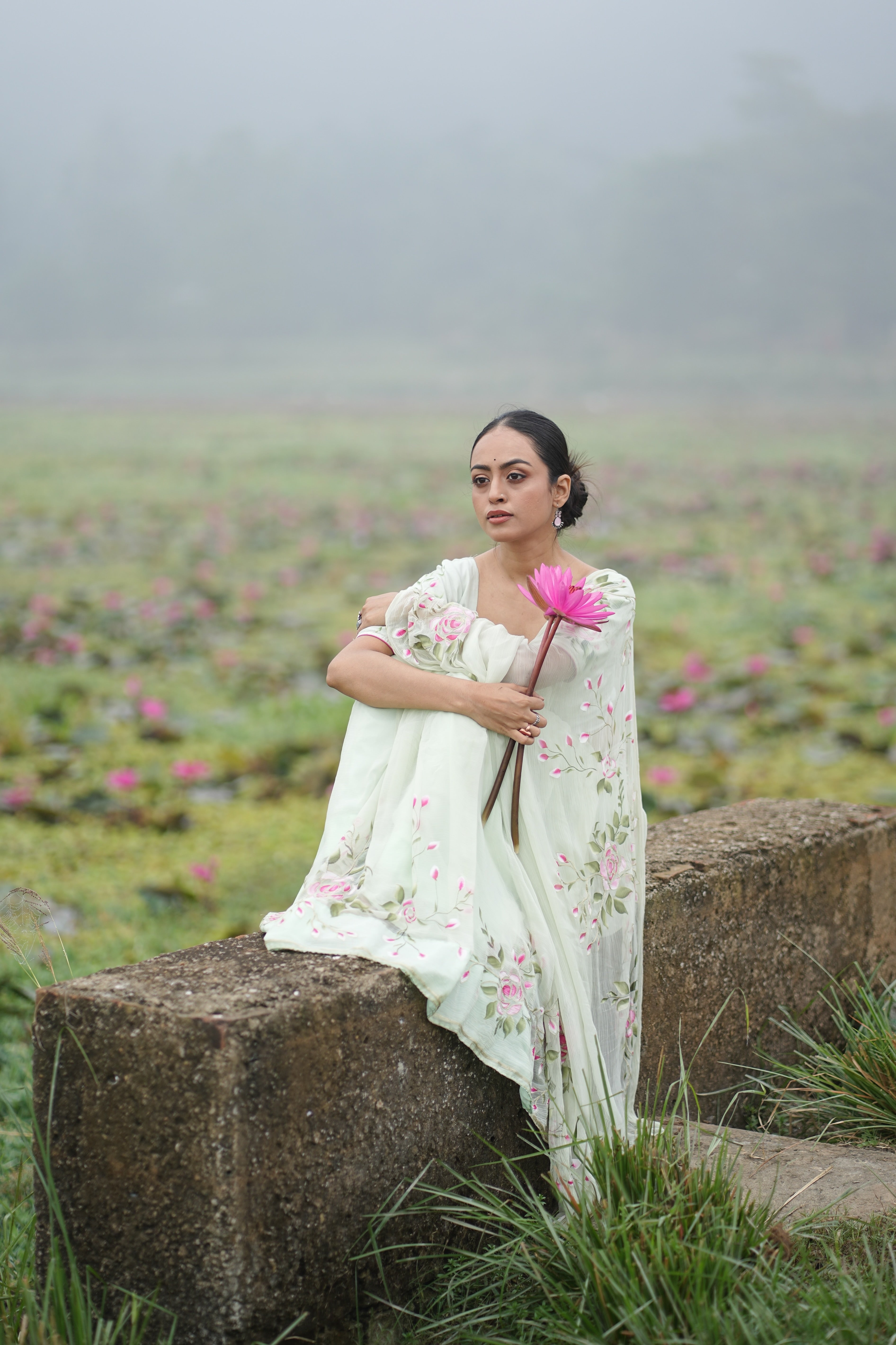 Mint Rosé (Pure Chiffon Hand Painted Saree)