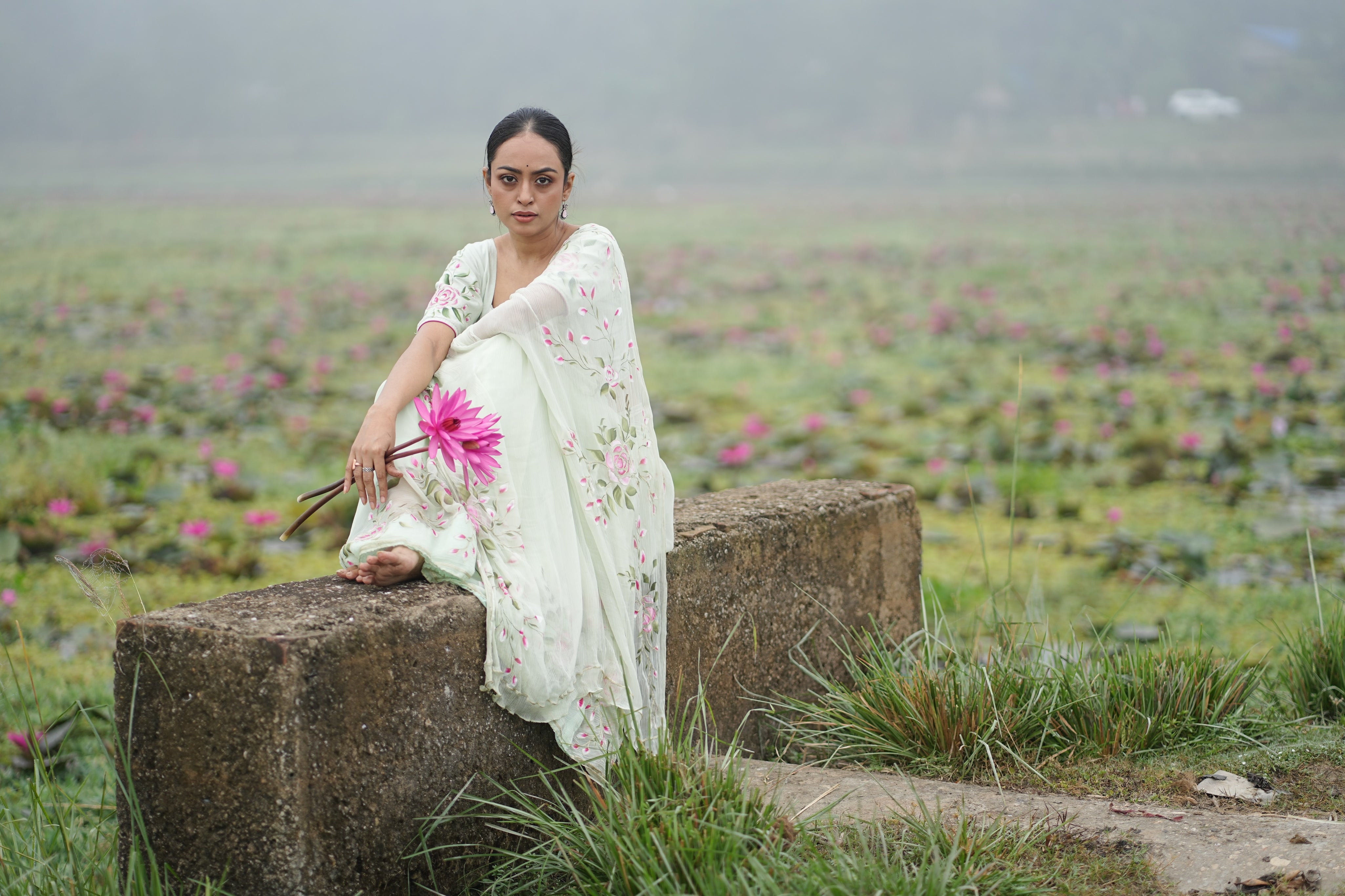 Mint Rosé (Pure Chiffon Hand Painted Saree)