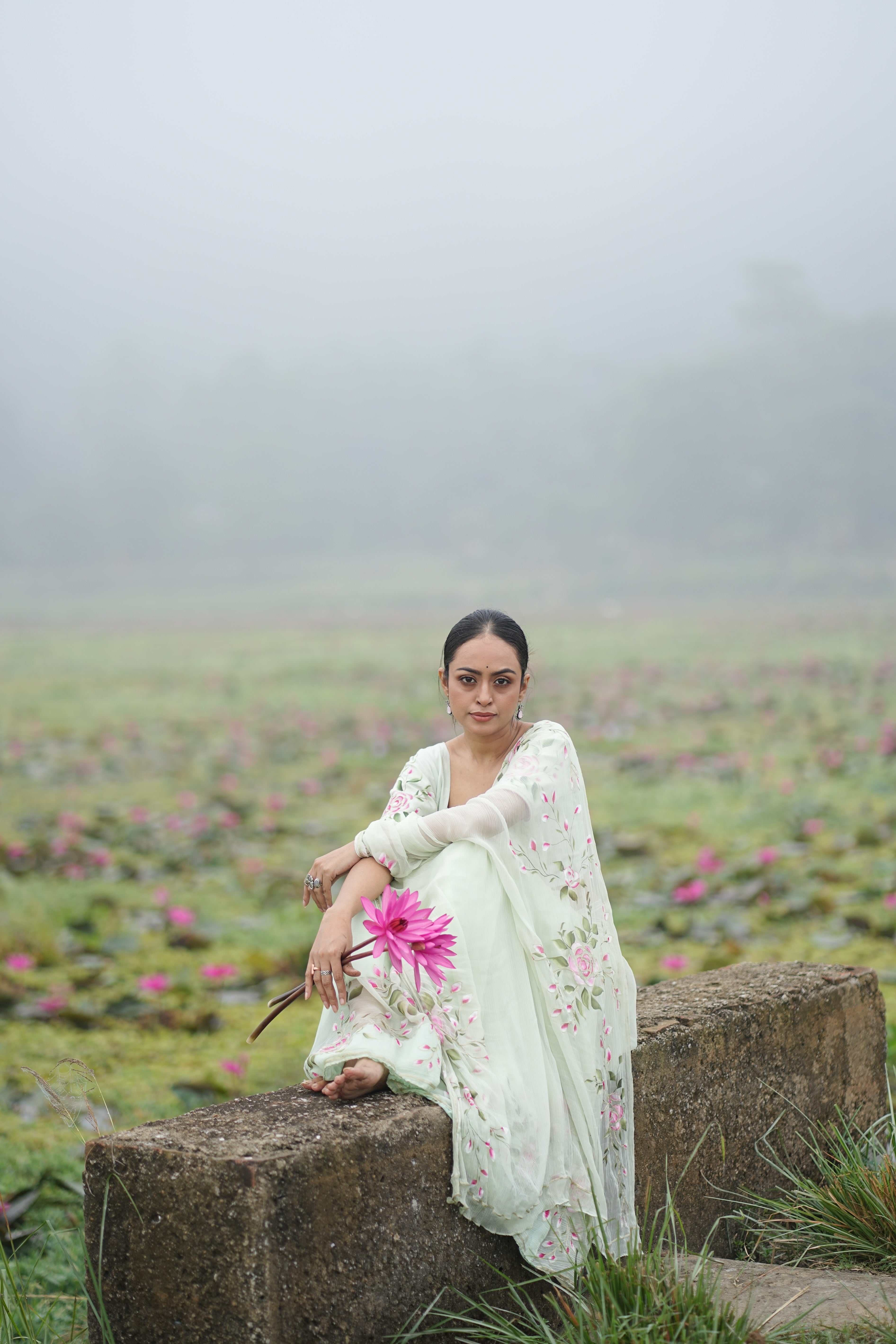 Mint Rosé (Pure Chiffon Hand Painted Saree)