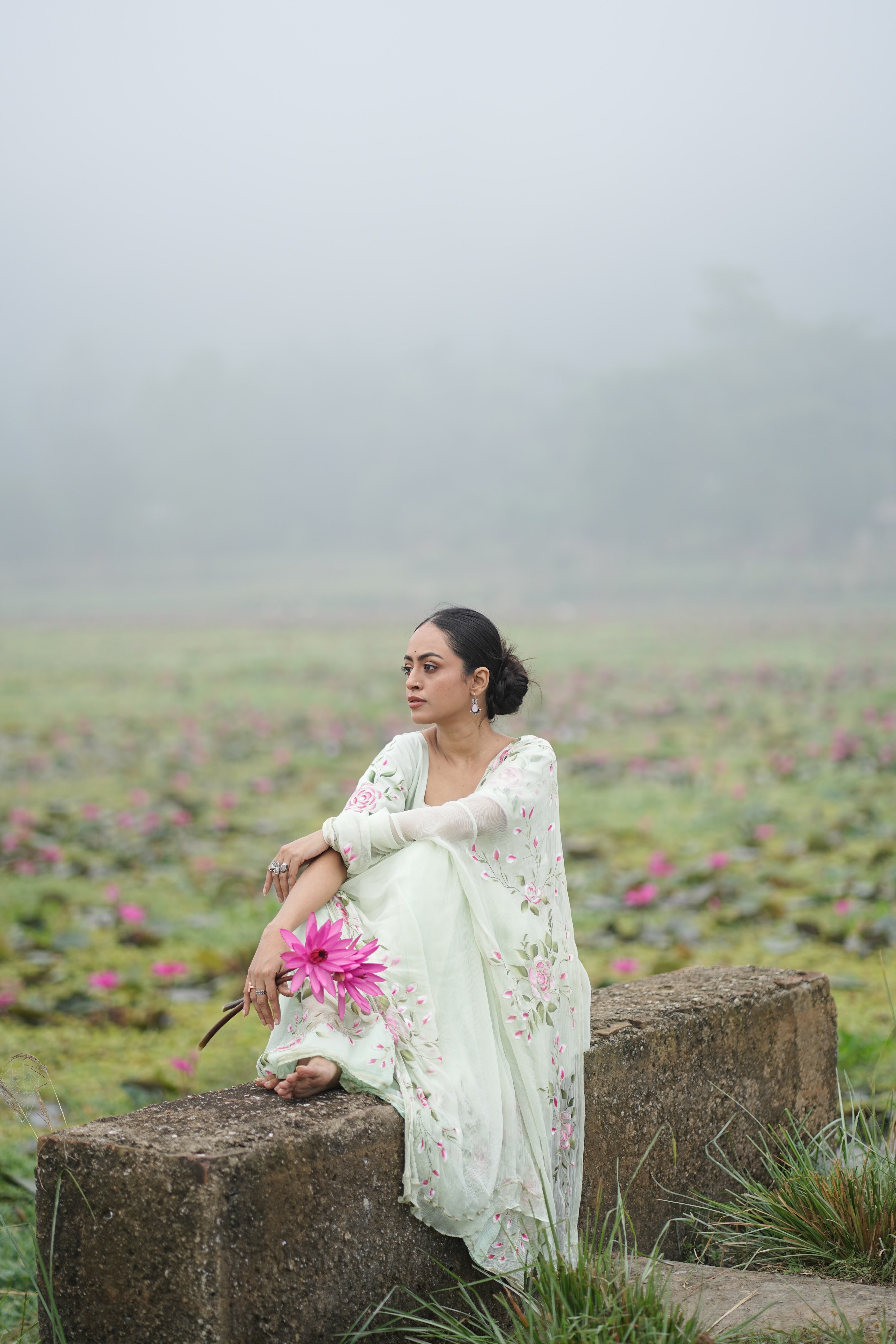 Mint Rosé (Pure Chiffon Hand Painted Saree)