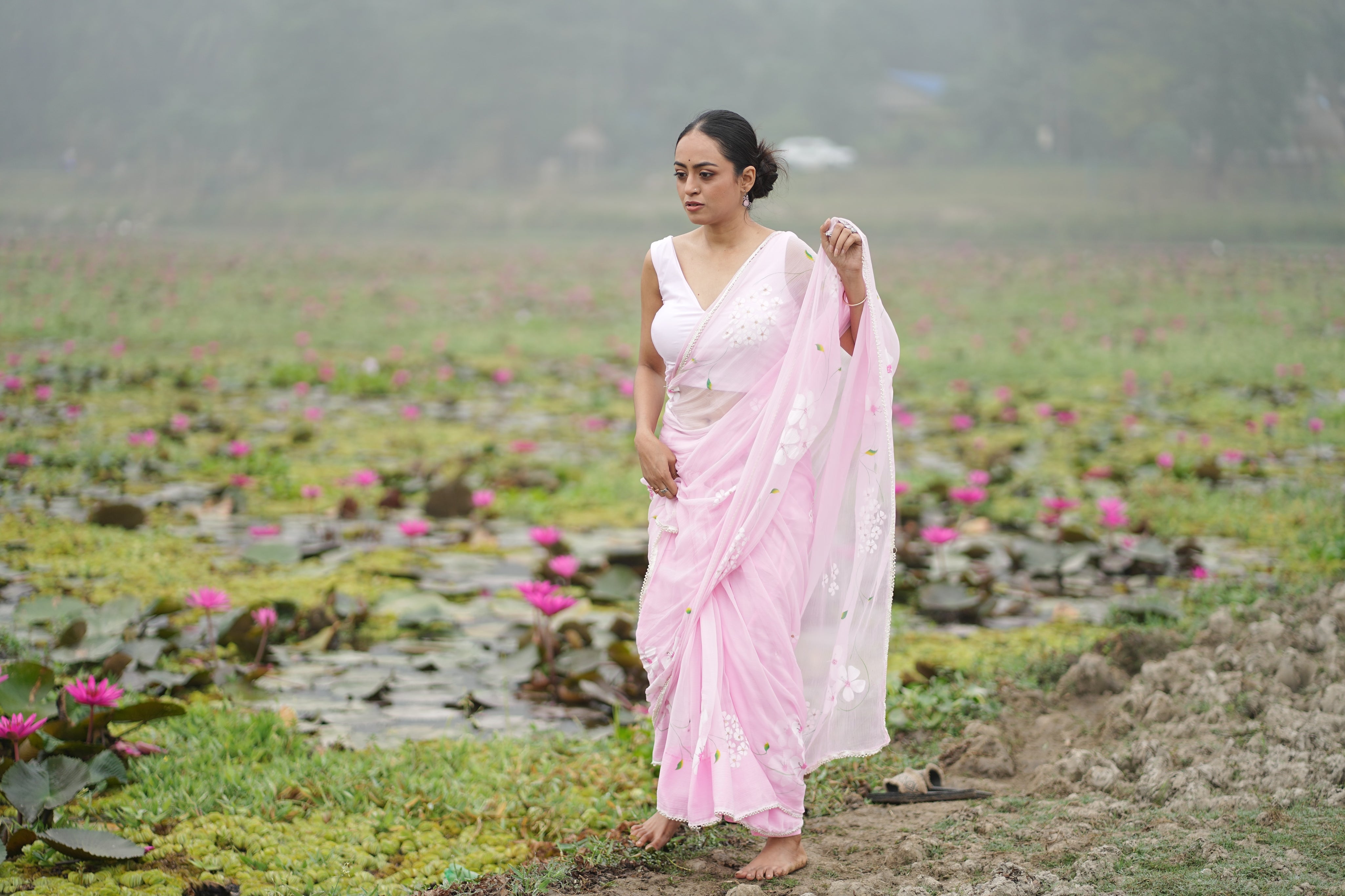 Petal Poetry (Pure Chiffon Hand Painted Saree with Sequins Work)