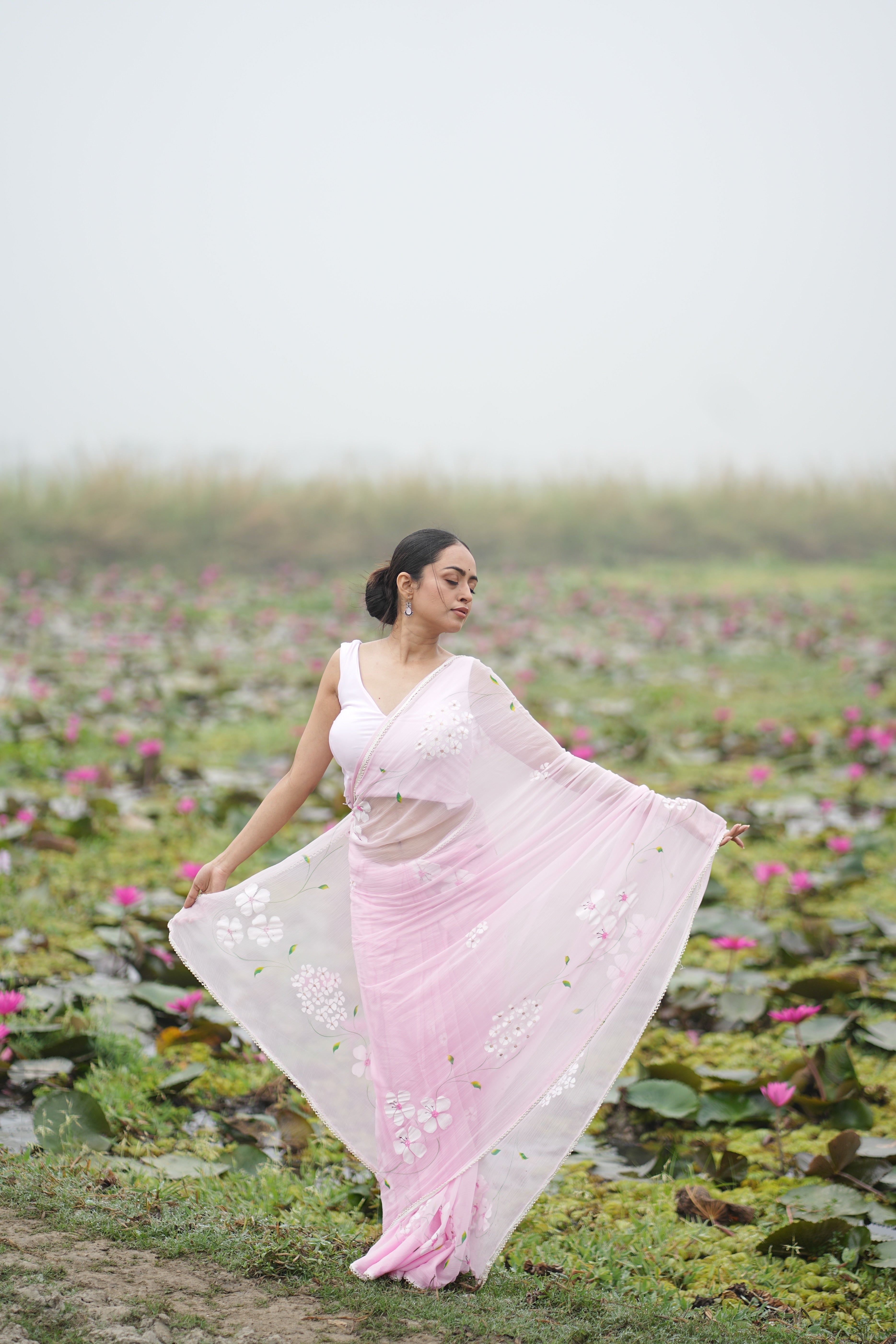 Petal Poetry (Pure Chiffon Hand Painted Saree with Sequins Work)