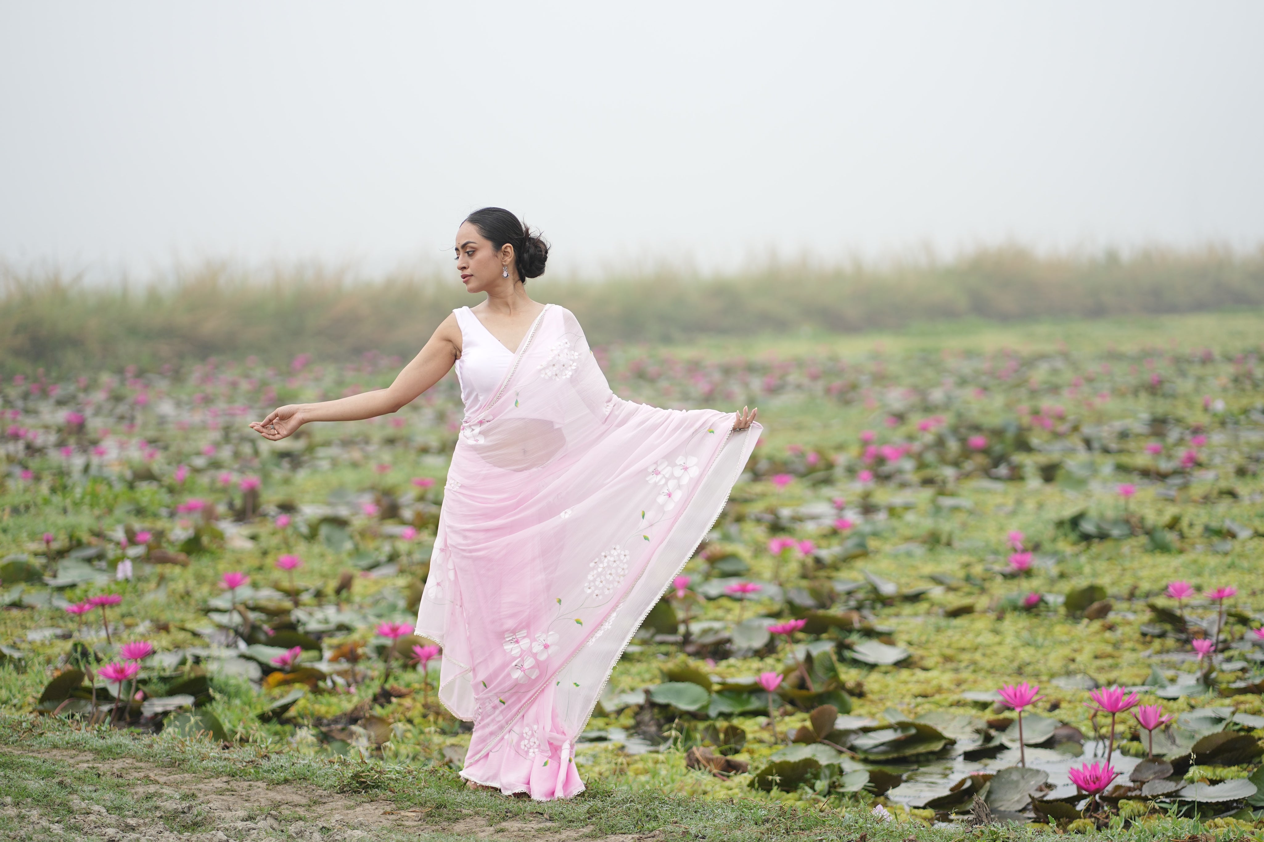 Petal Poetry (Pure Chiffon Hand Painted Saree with Sequins Work)