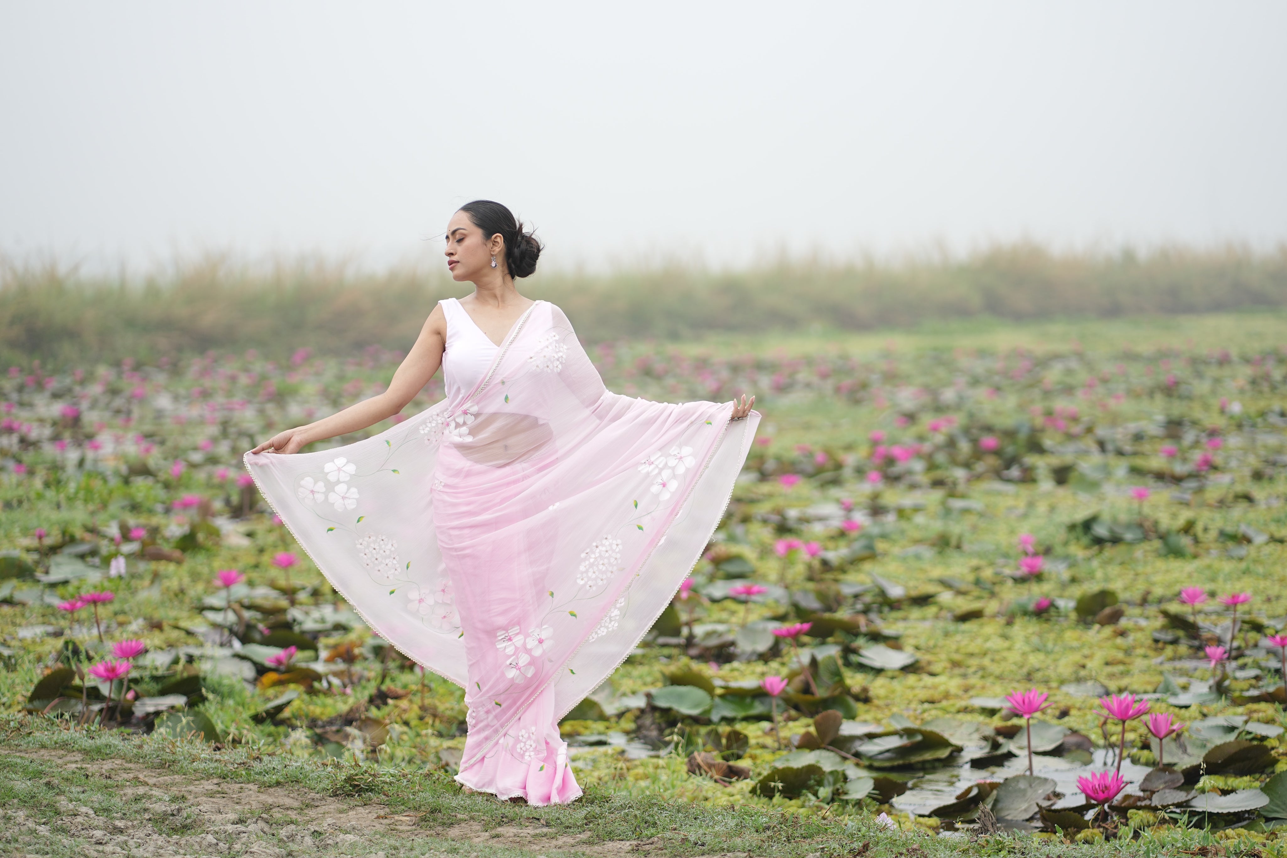 Petal Poetry (Pure Chiffon Hand Painted Saree with Sequins Work)