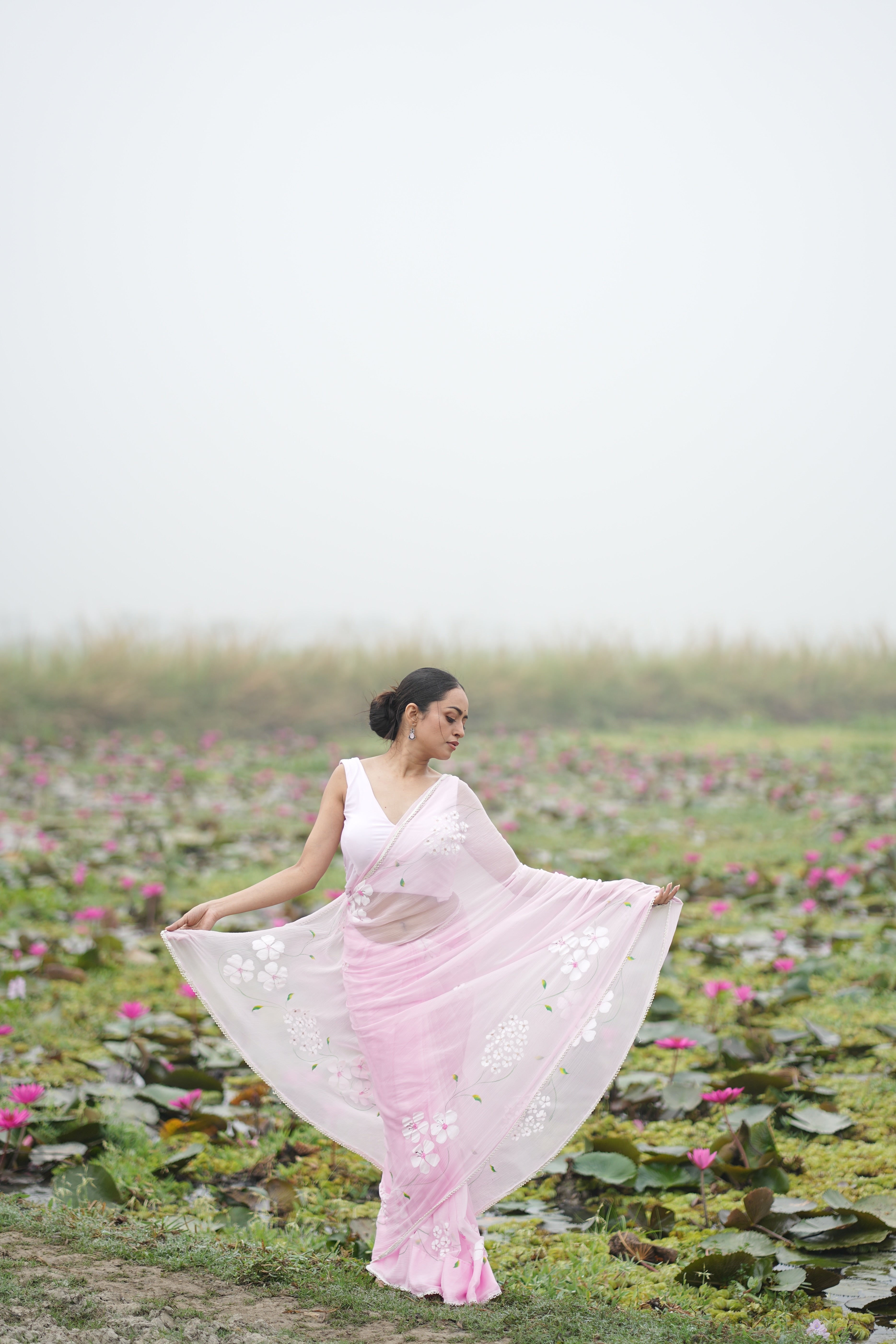 Petal Poetry (Pure Chiffon Hand Painted Saree with Sequins Work)