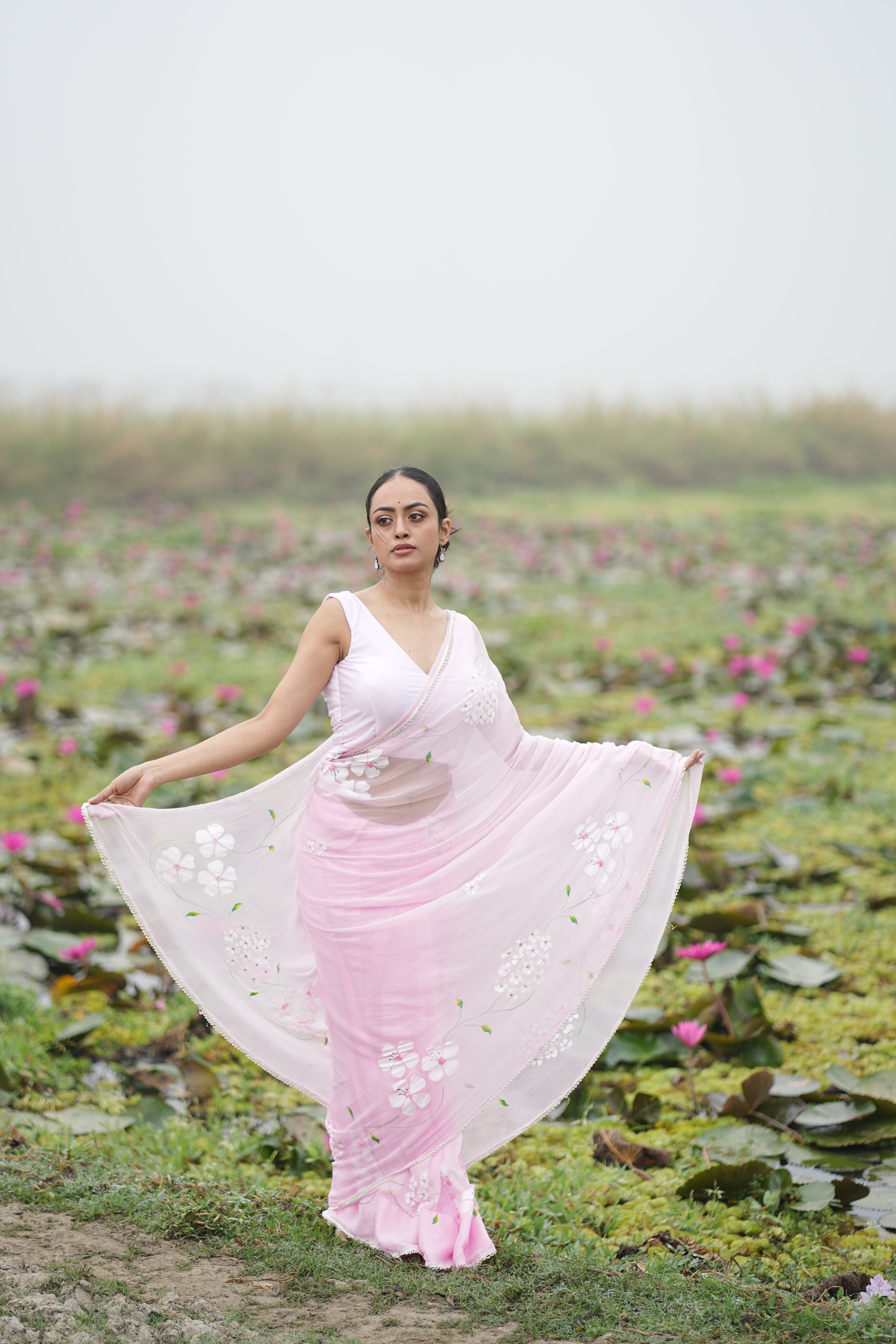 Petal Poetry (Pure Chiffon Hand Painted Saree with Sequins Work)