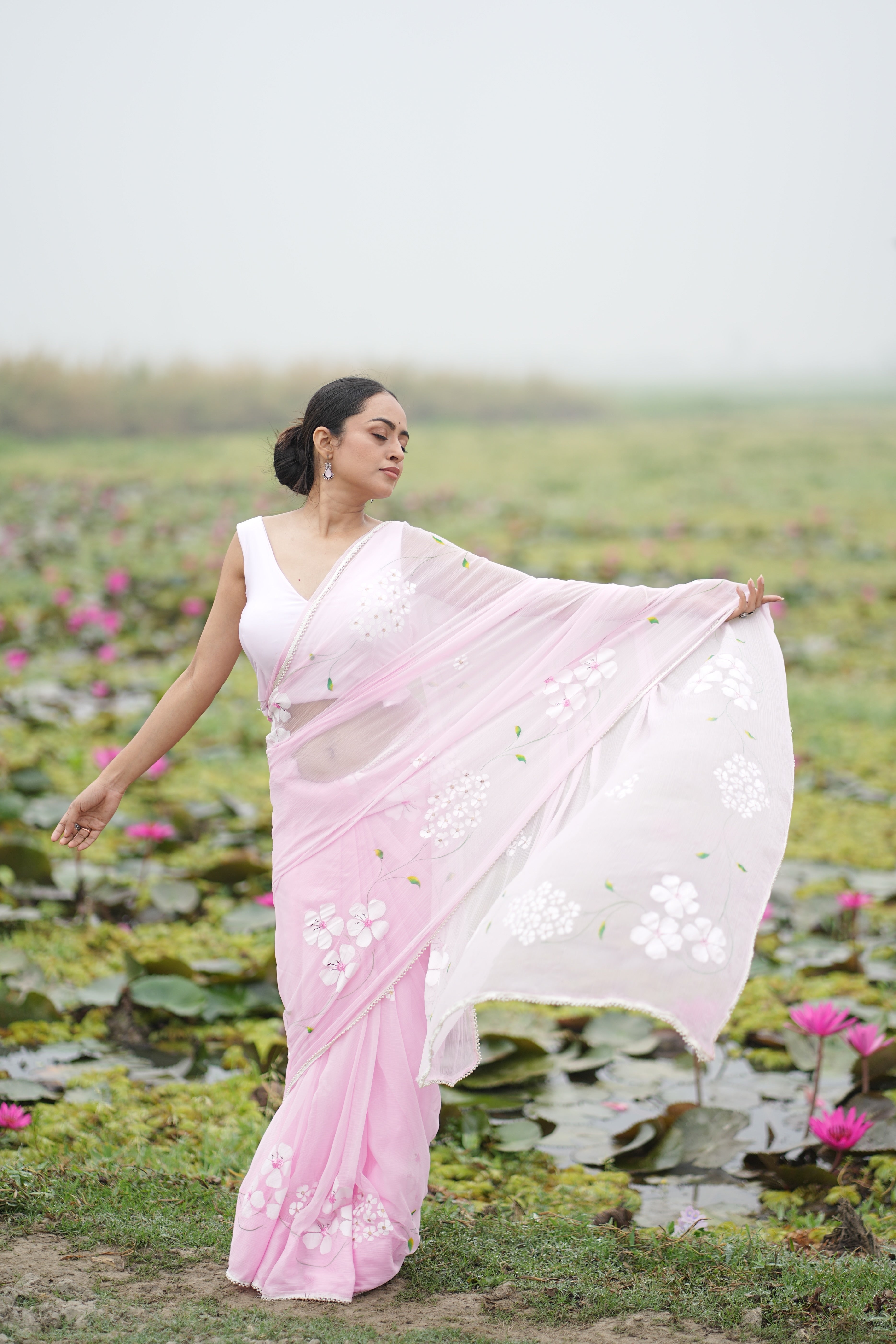 Petal Poetry (Pure Chiffon Hand Painted Saree with Sequins Work)