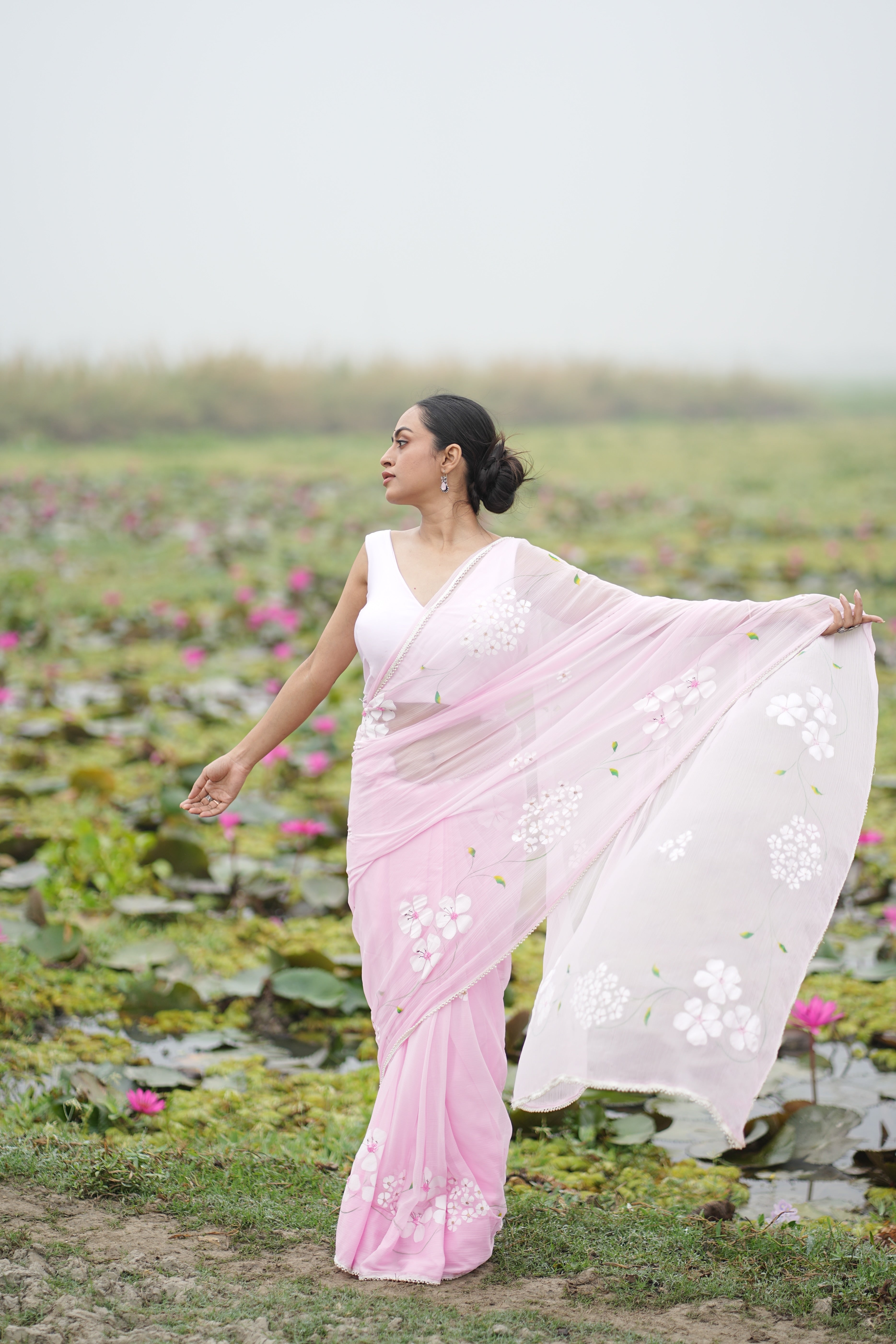 Petal Poetry (Pure Chiffon Hand Painted Saree with Sequins Work)