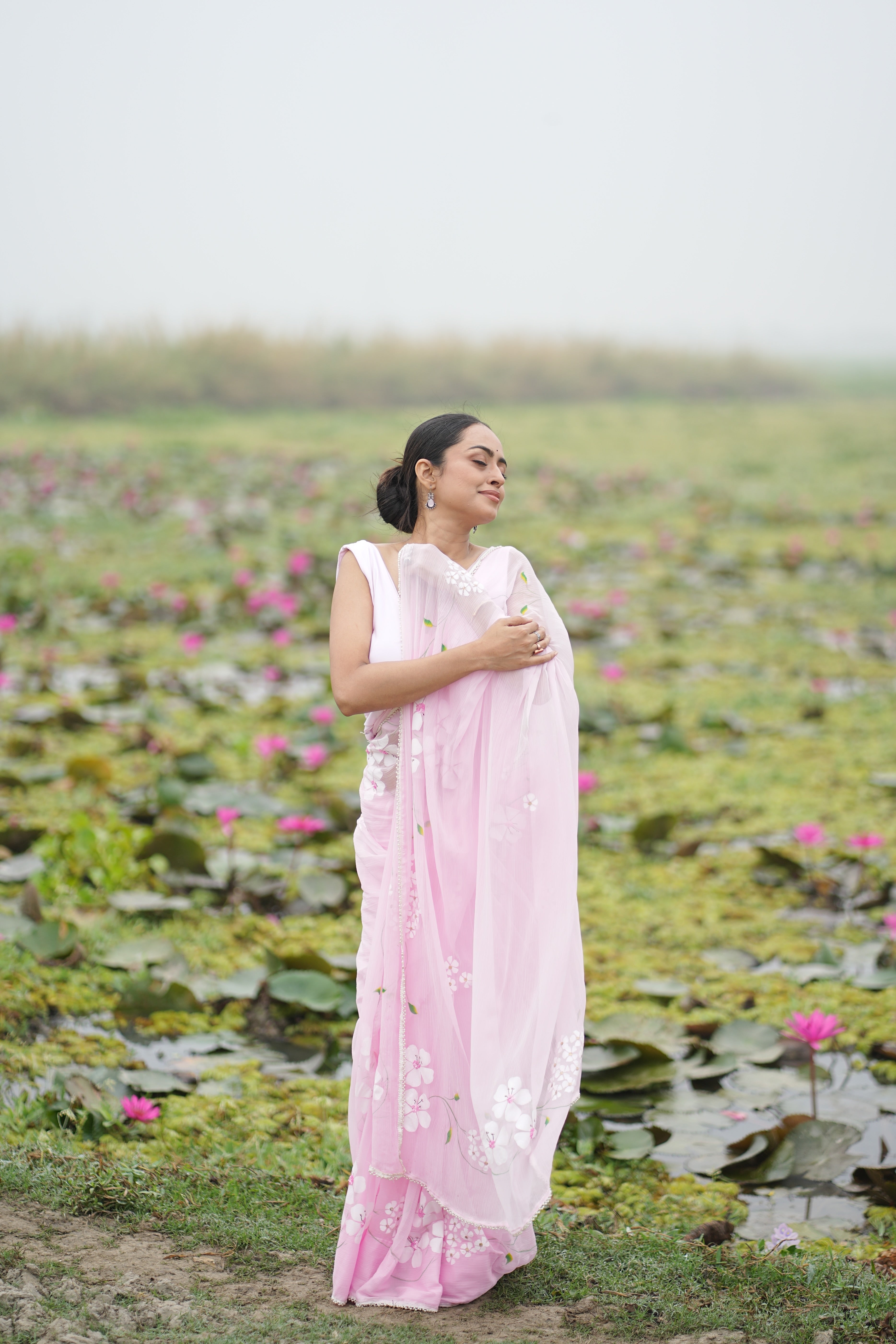 Petal Poetry (Pure Chiffon Hand Painted Saree with Sequins Work)