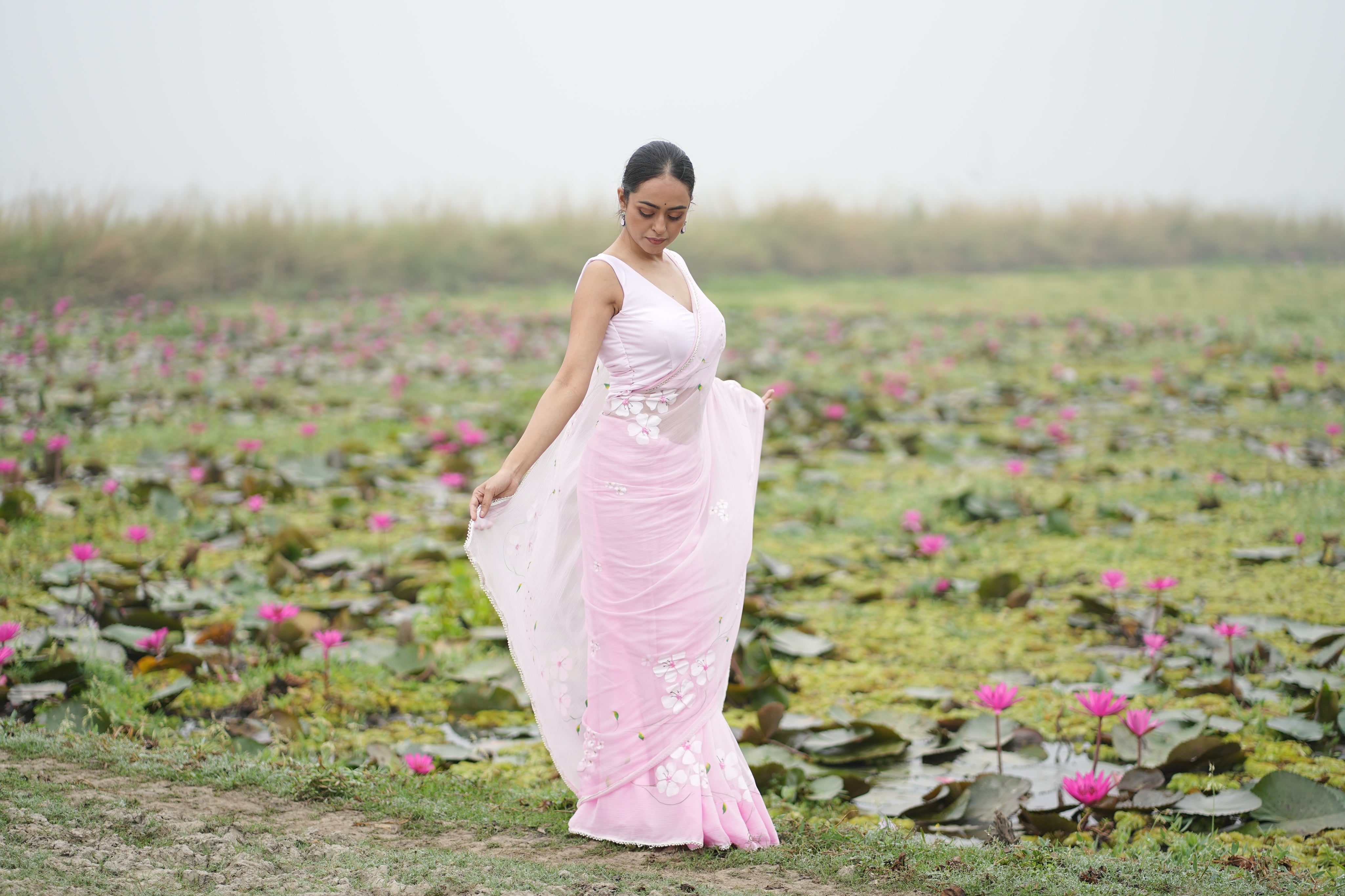 Petal Poetry (Pure Chiffon Hand Painted Saree with Sequins Work)