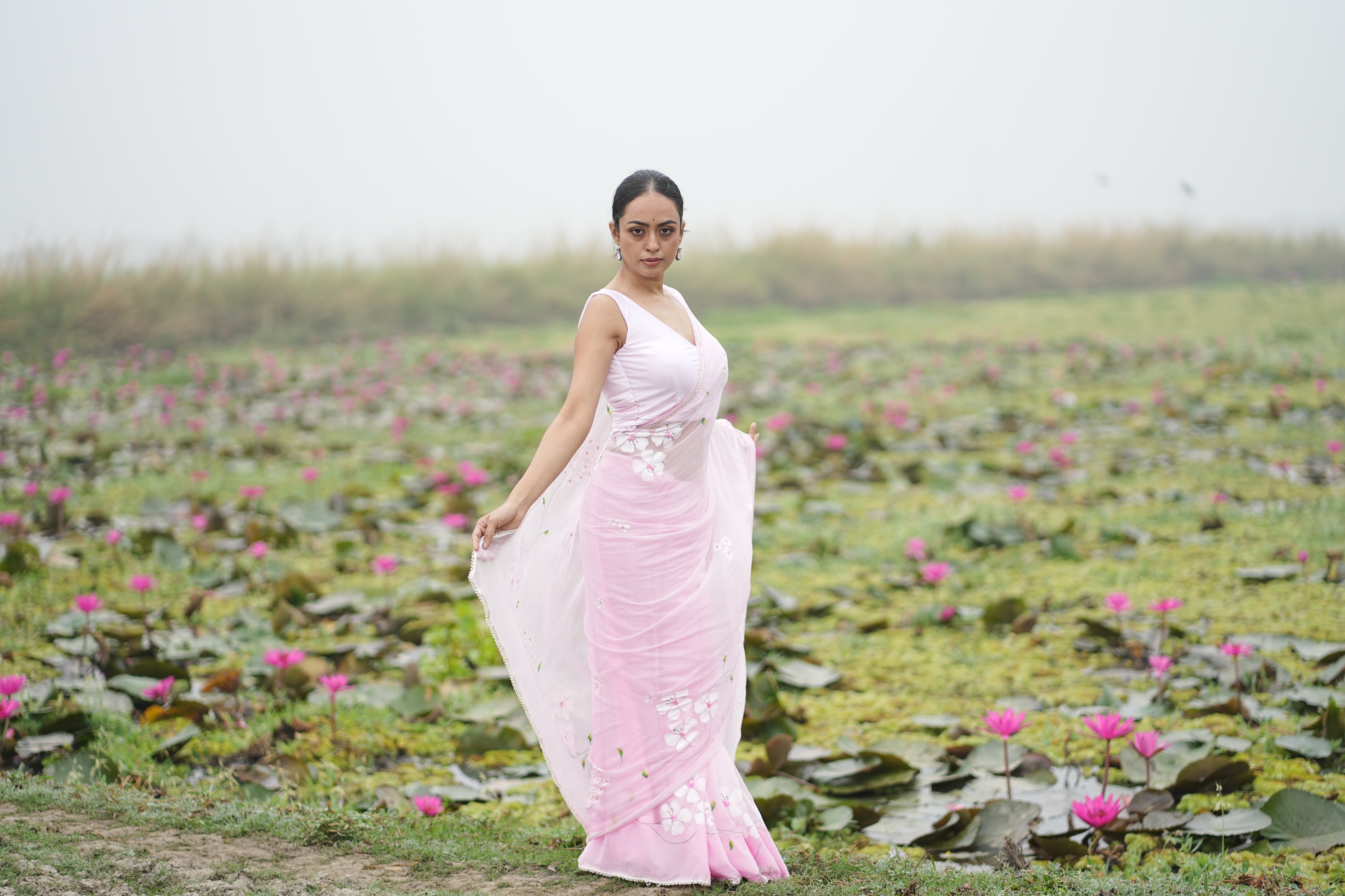 Petal Poetry (Pure Chiffon Hand Painted Saree with Sequins Work)