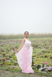 Petal Poetry (Pure Chiffon Hand Painted Saree with Sequins Work)