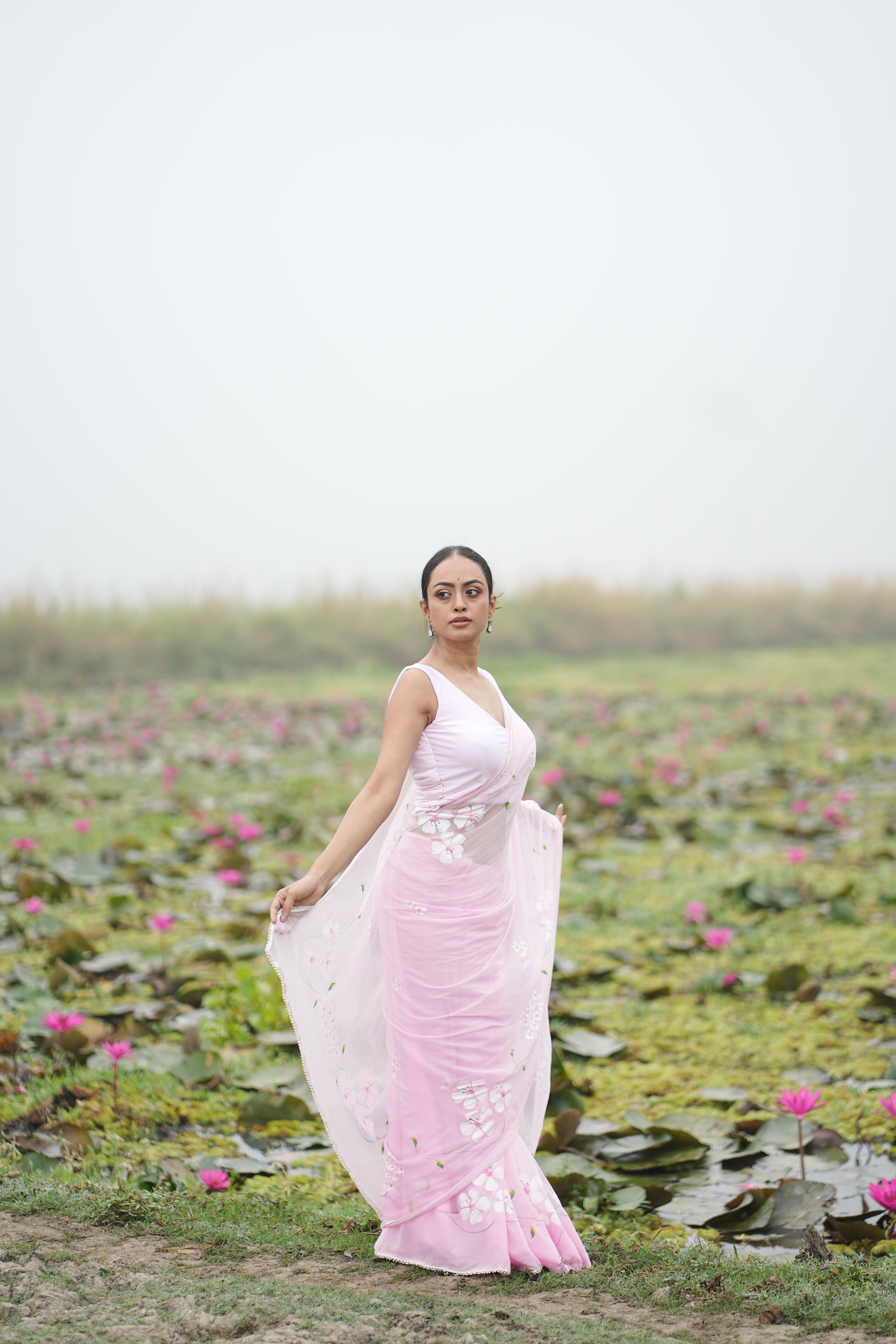 Petal Poetry (Pure Chiffon Hand Painted Saree with Sequins Work)
