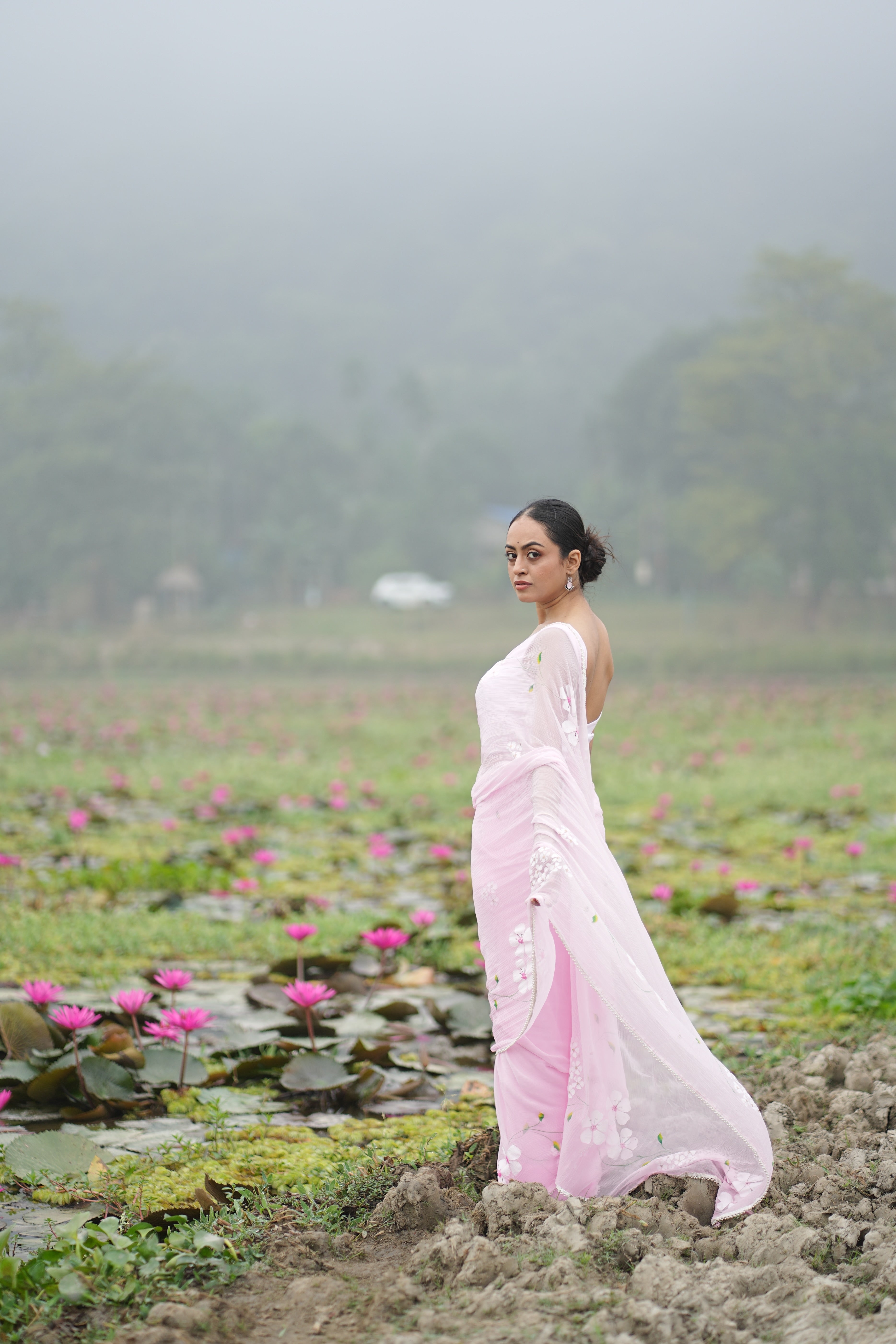 Petal Poetry (Pure Chiffon Hand Painted Saree with Sequins Work)