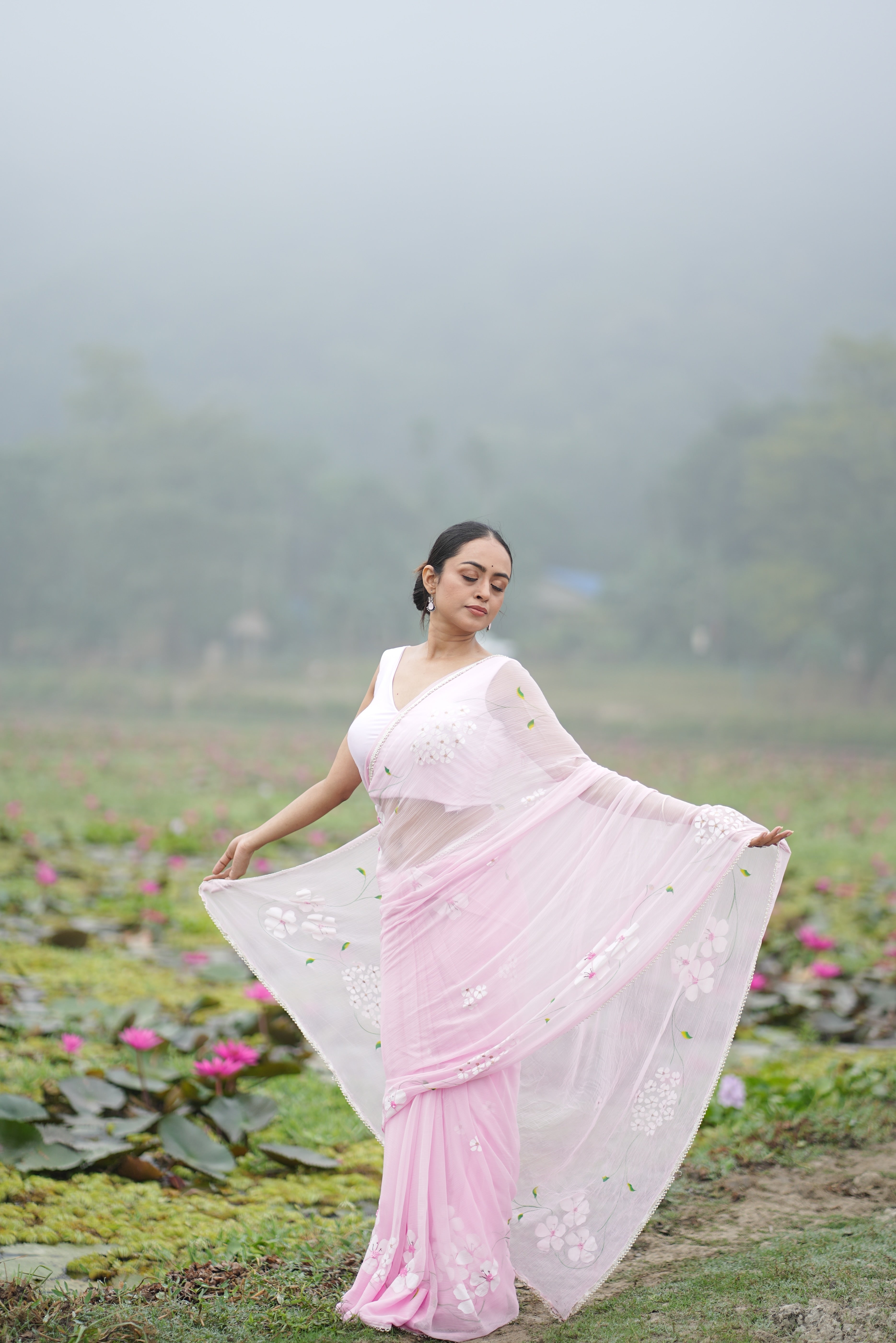 Petal Poetry (Pure Chiffon Hand Painted Saree with Sequins Work)