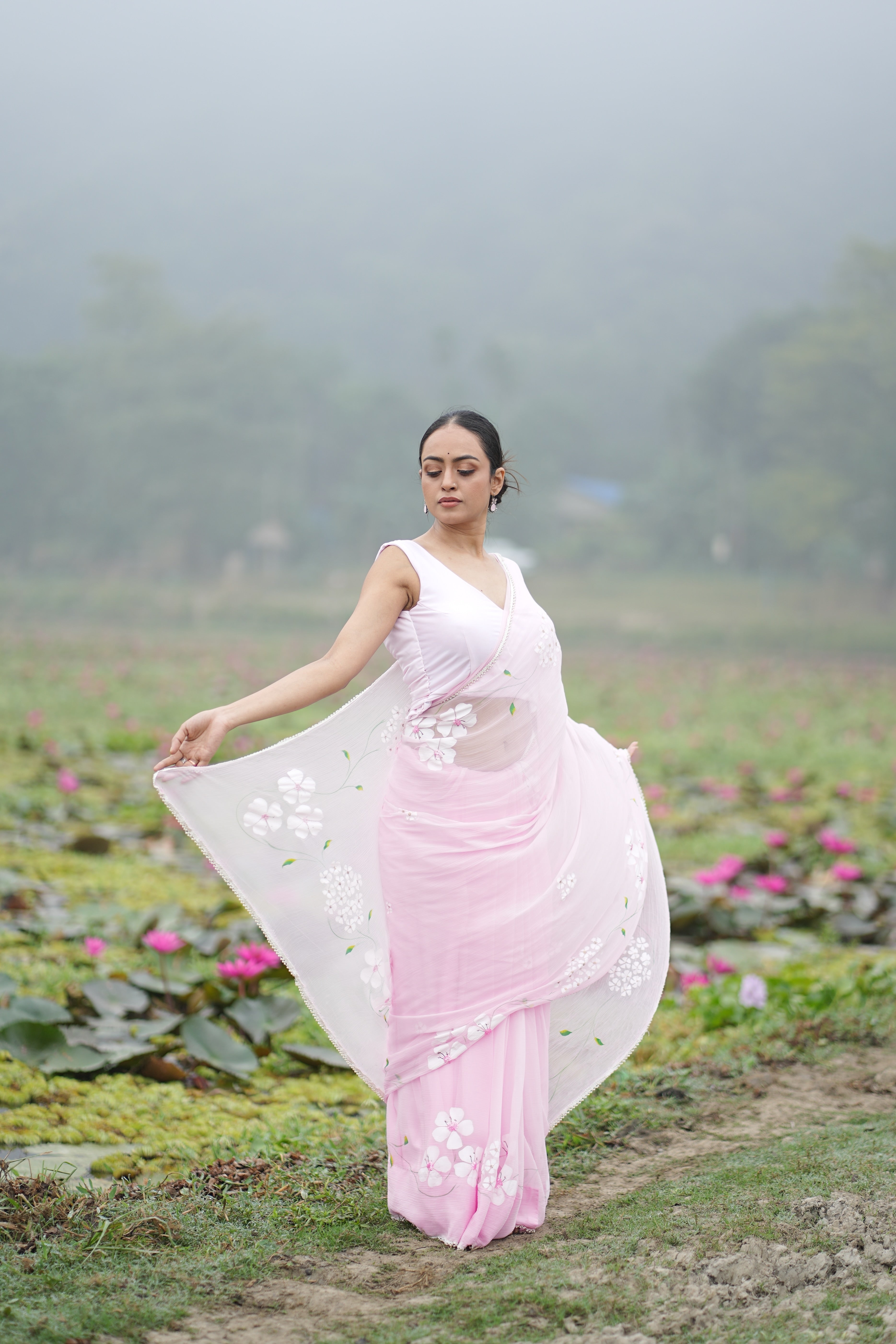 Petal Poetry (Pure Chiffon Hand Painted Saree with Sequins Work)