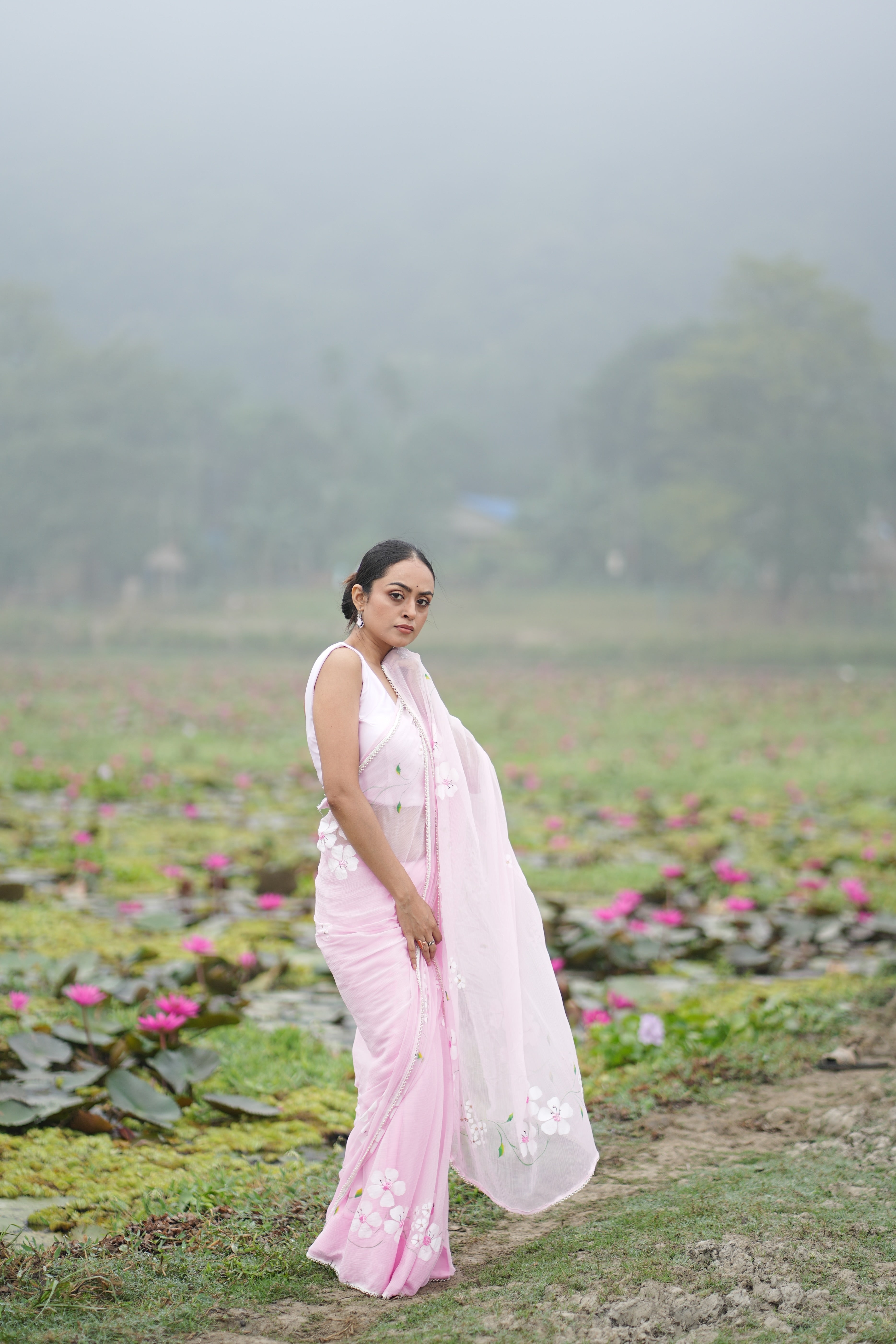 Petal Poetry (Pure Chiffon Hand Painted Saree with Sequins Work)