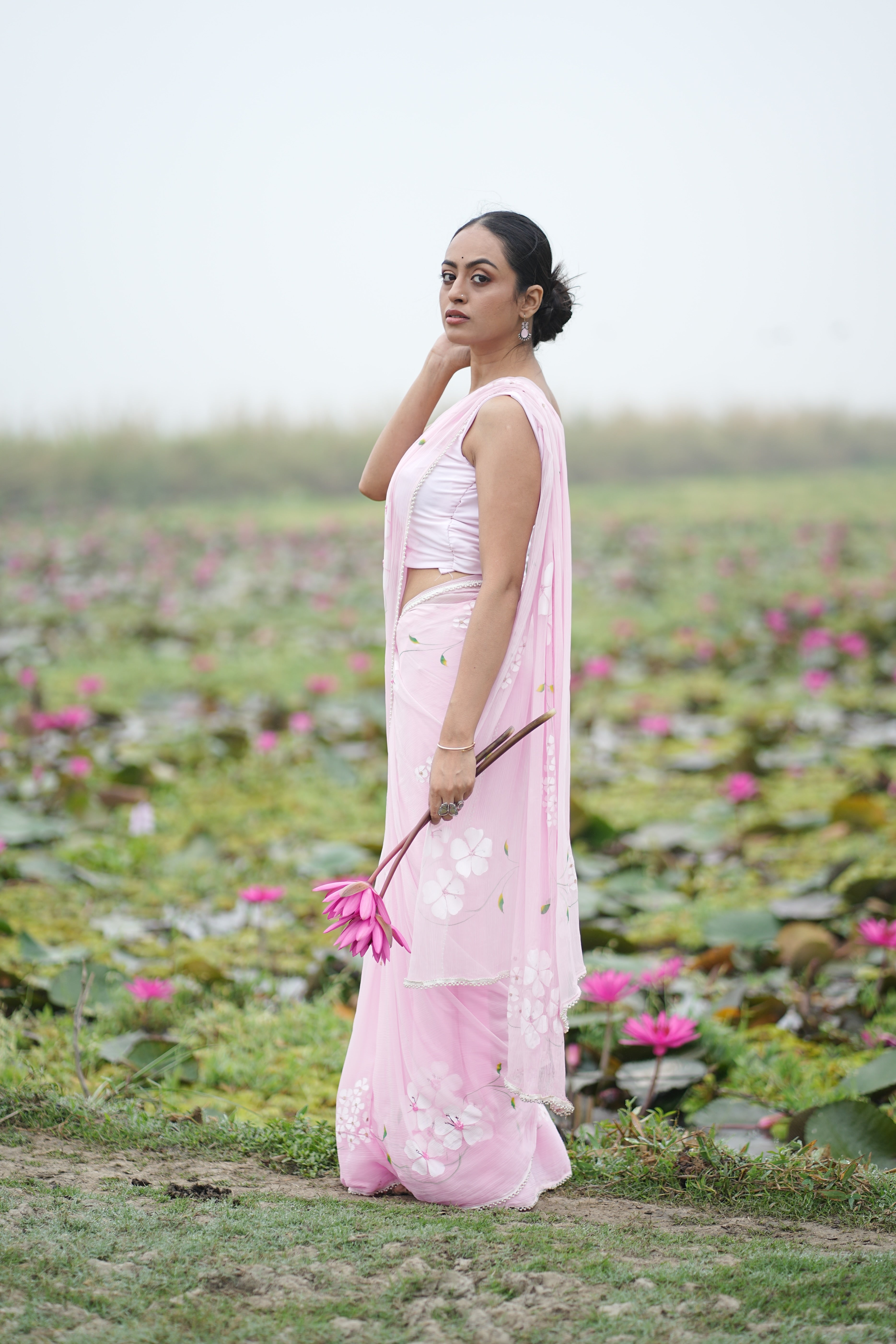 Petal Poetry (Pure Chiffon Hand Painted Saree with Sequins Work)