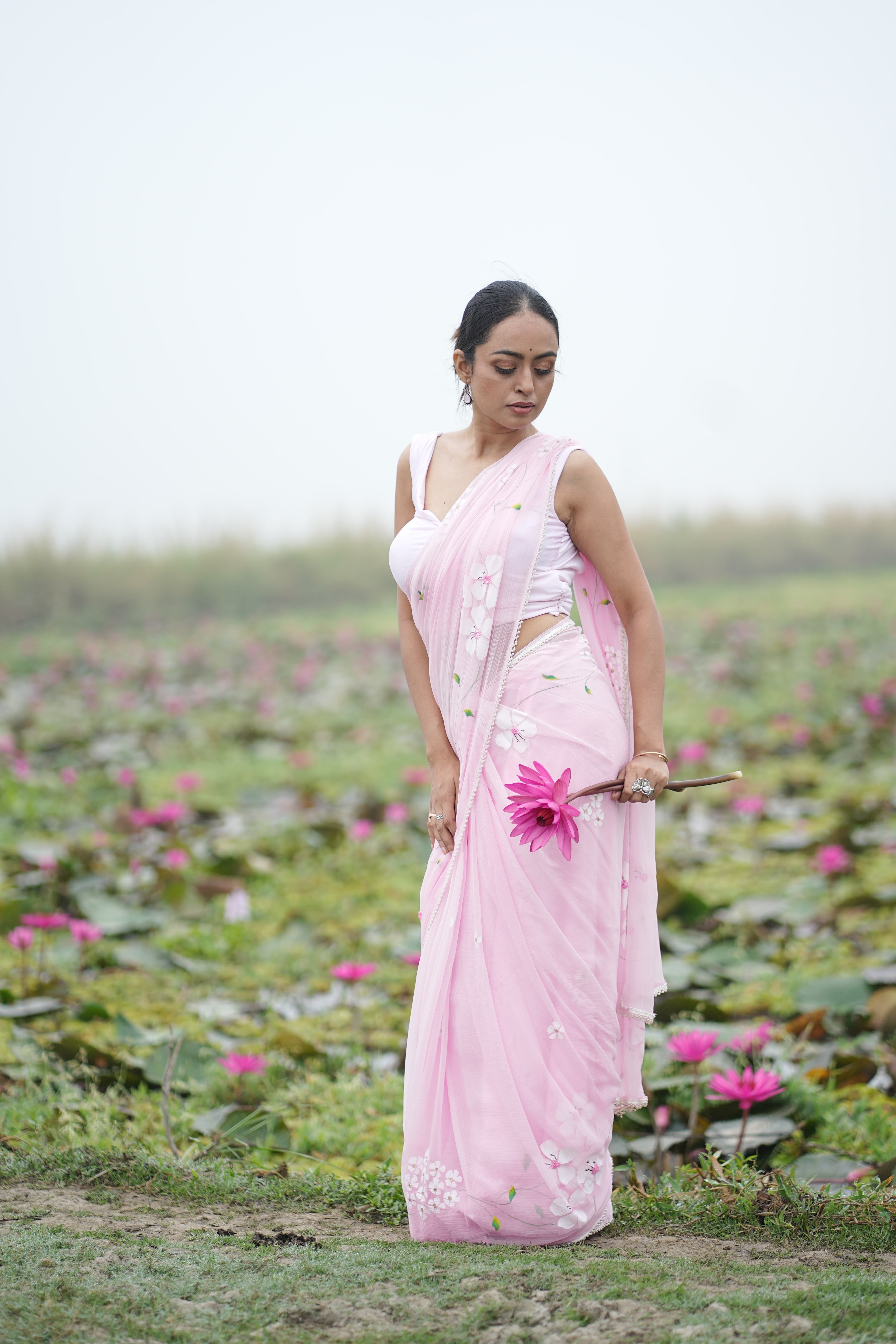 Petal Poetry (Pure Chiffon Hand Painted Saree with Sequins Work)