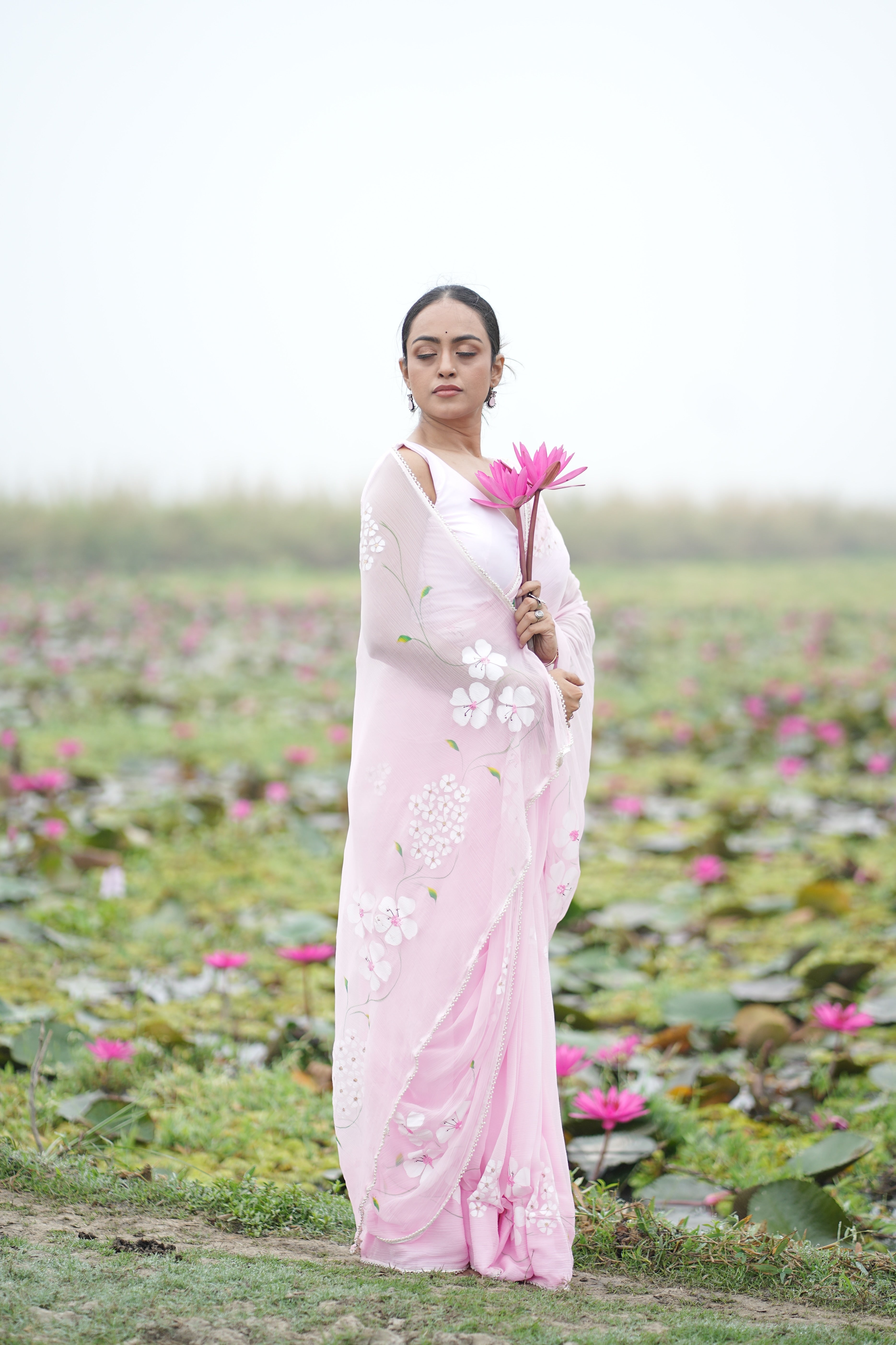 Petal Poetry (Pure Chiffon Hand Painted Saree with Sequins Work)