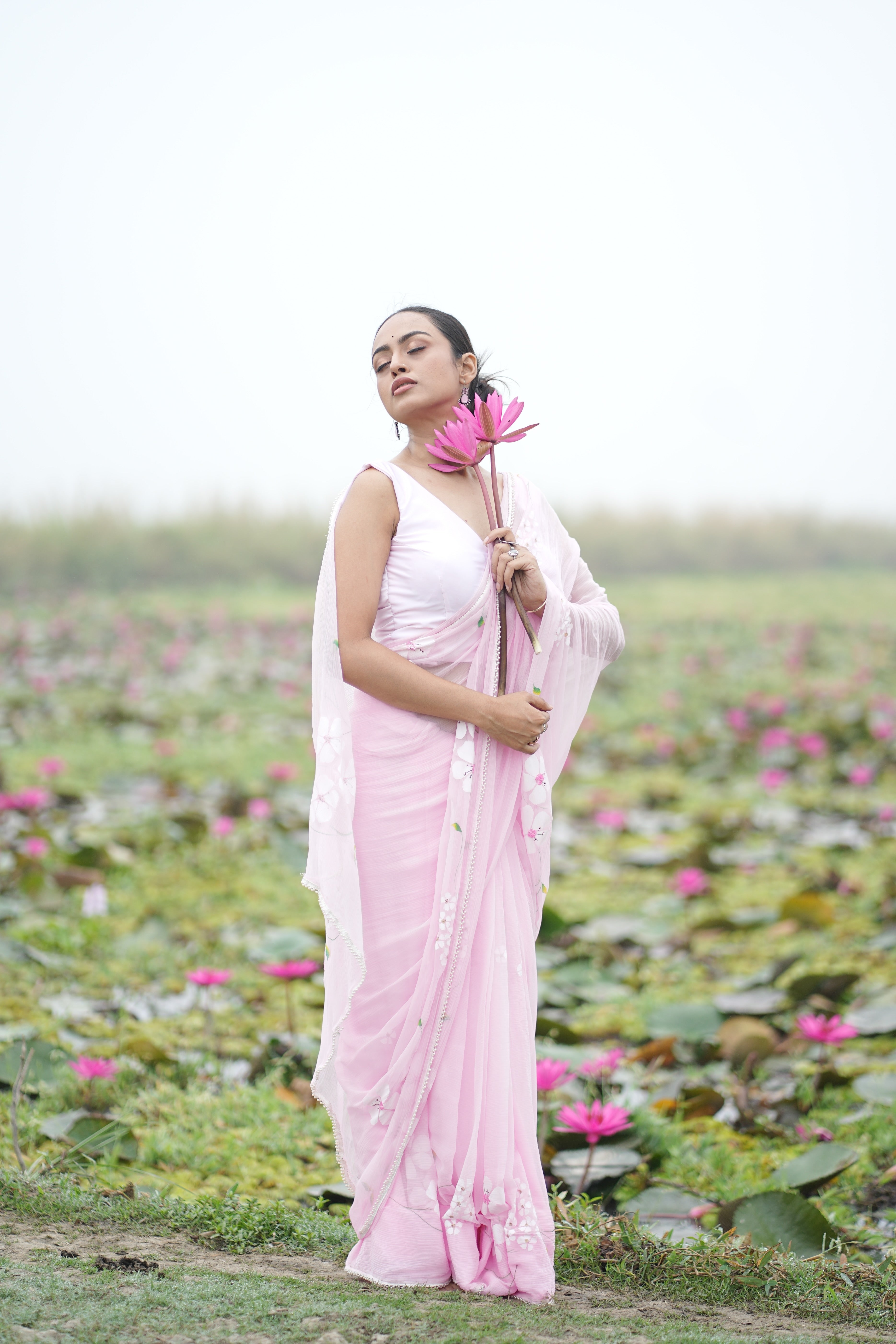 Petal Poetry (Pure Chiffon Hand Painted Saree with Sequins Work)