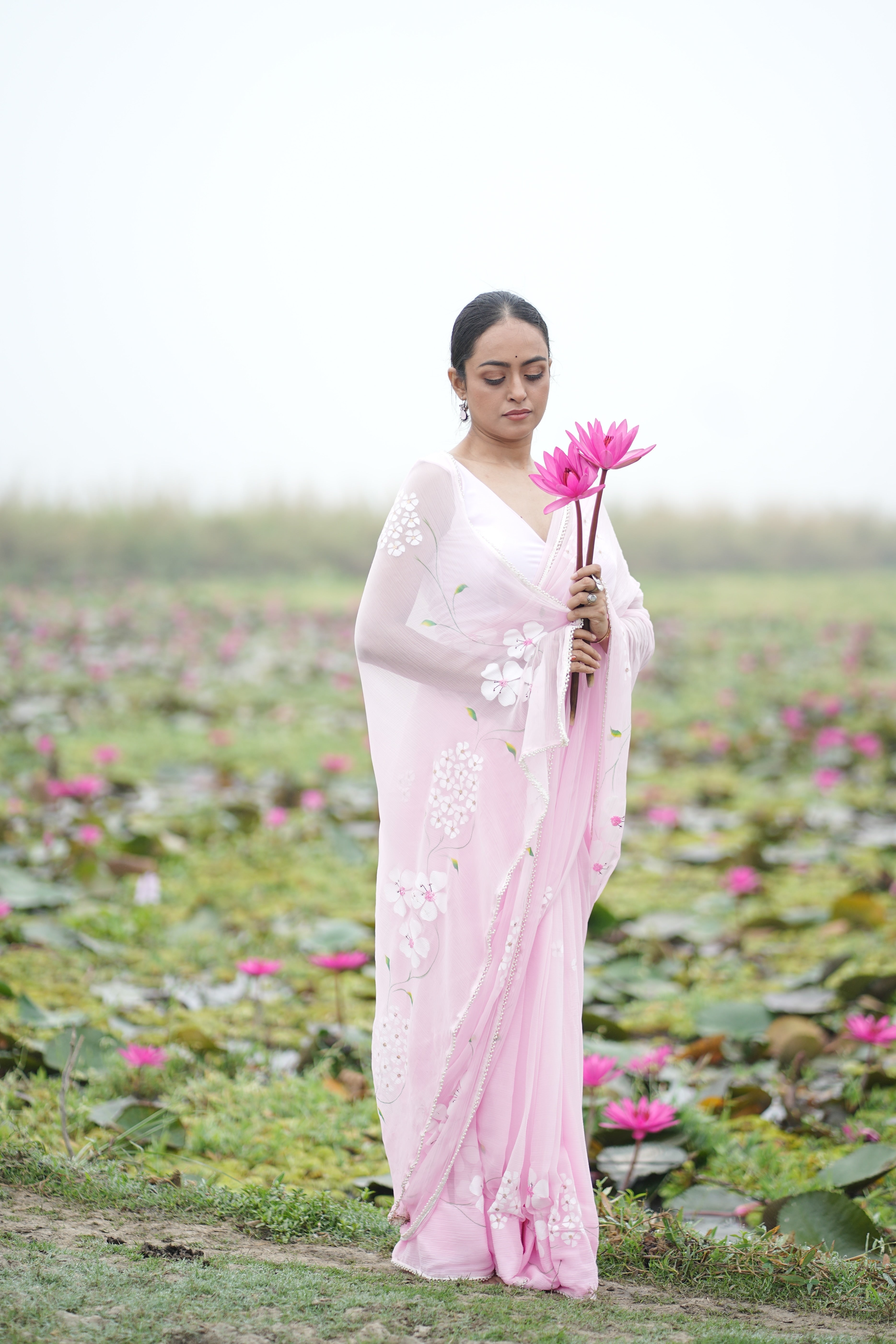 Petal Poetry (Pure Chiffon Hand Painted Saree with Sequins Work)