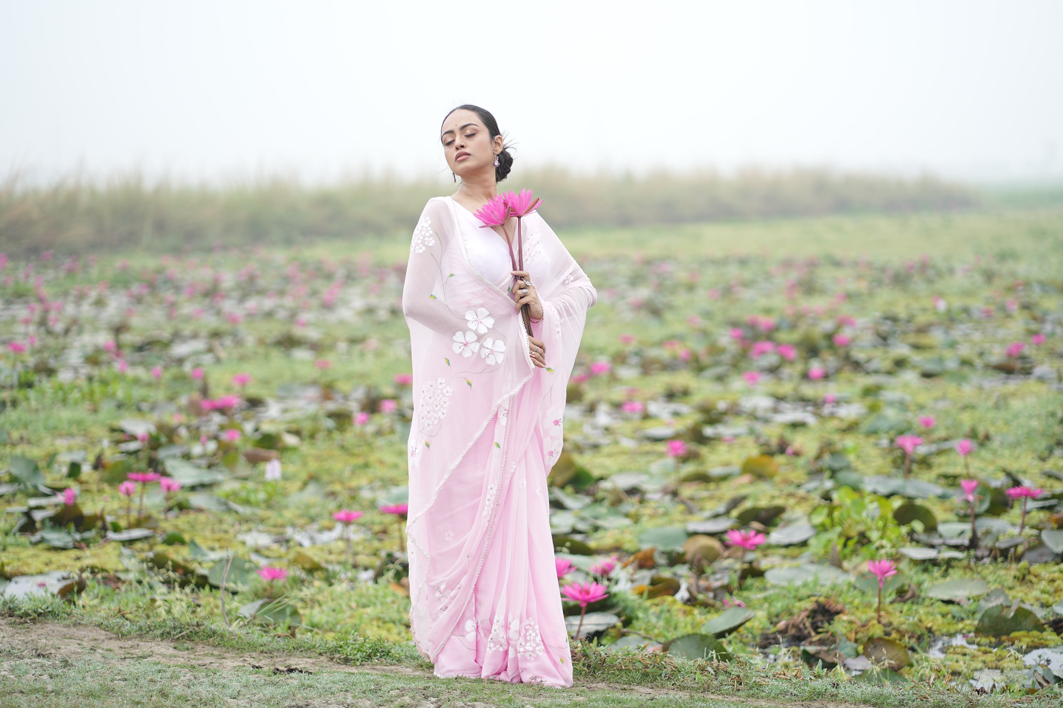 Petal Poetry (Pure Chiffon Hand Painted Saree with Sequins Work)