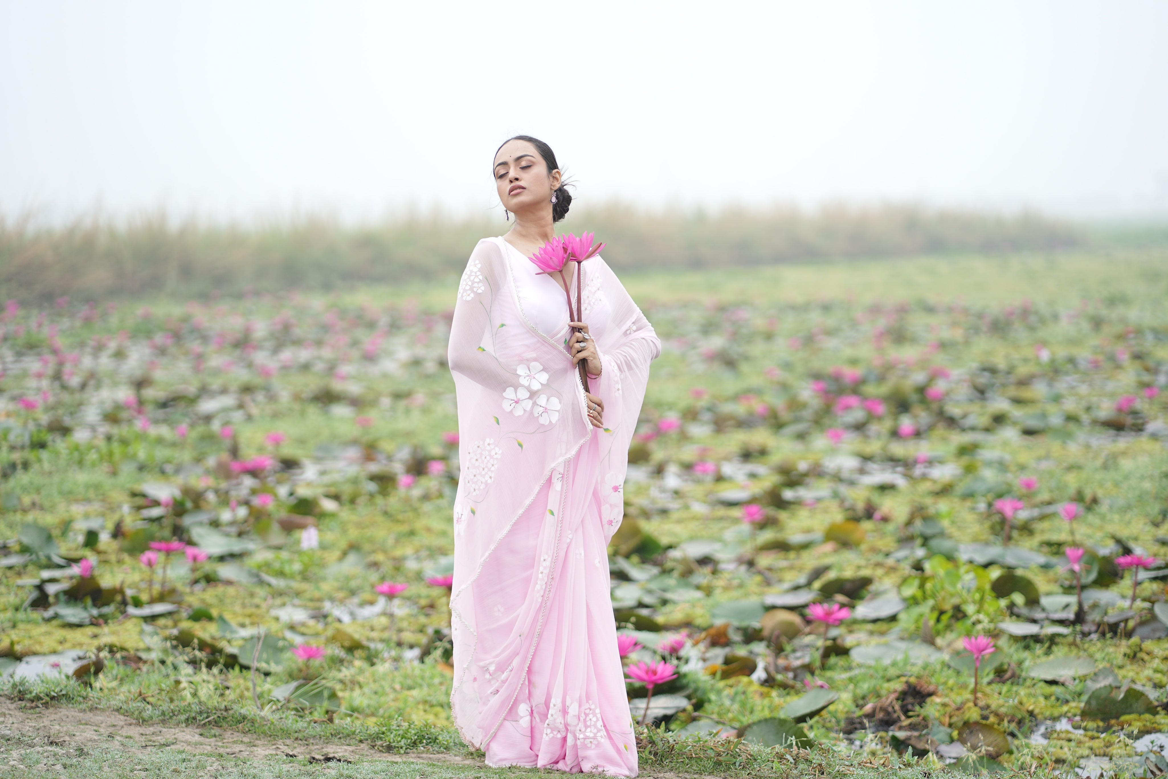 Petal Poetry (Pure Chiffon Hand Painted Saree with Sequins Work)