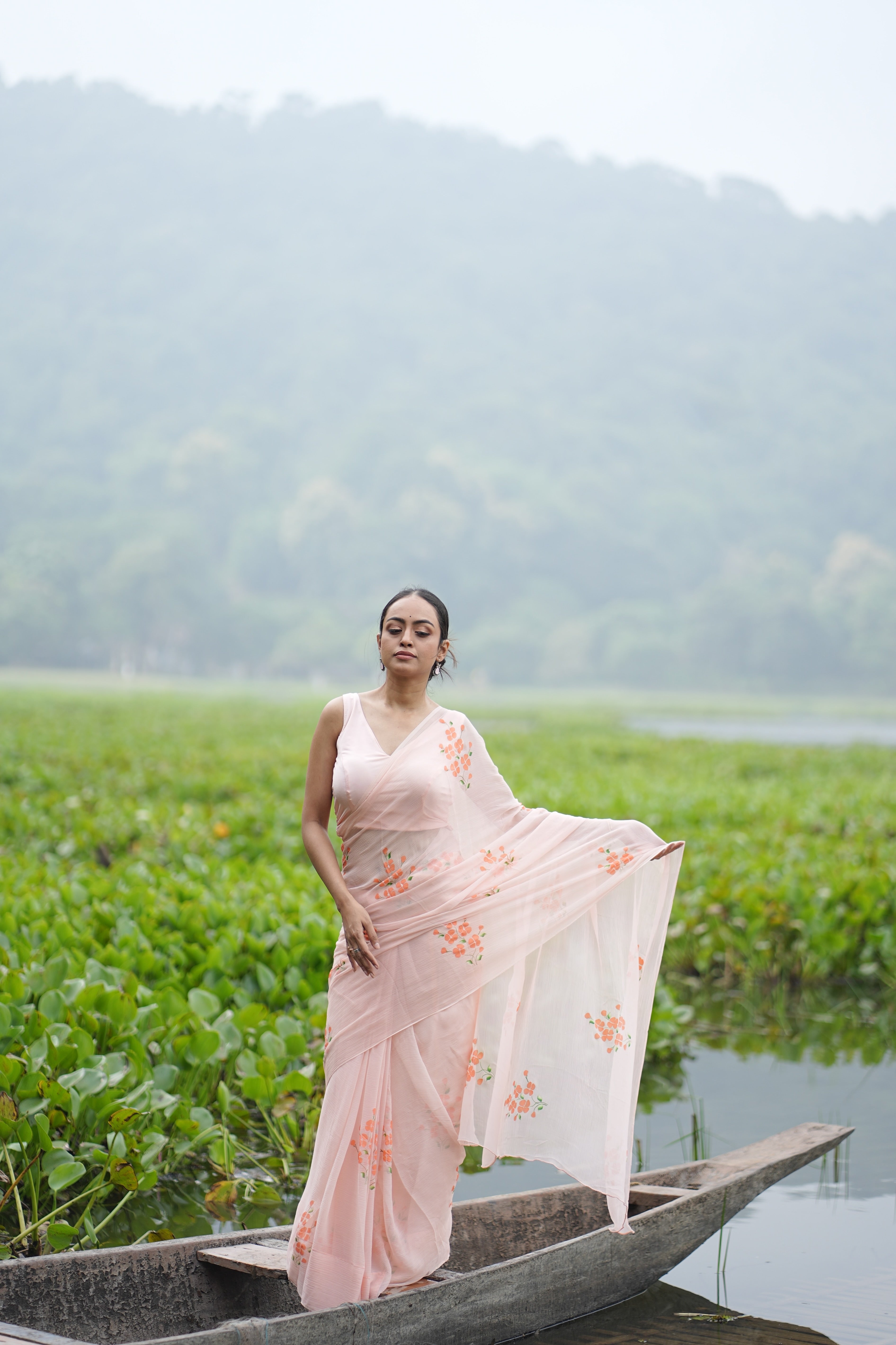 Apricot Bloom (Pure Chiffon Hand Painted Saree)